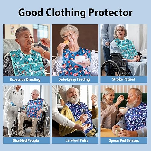 Miniatura 5 de Paquete de 3 baberos para adultos con atrapador de migas, baberos para comer, protectores de ropa para adultos, impermeables, lavables, babero de