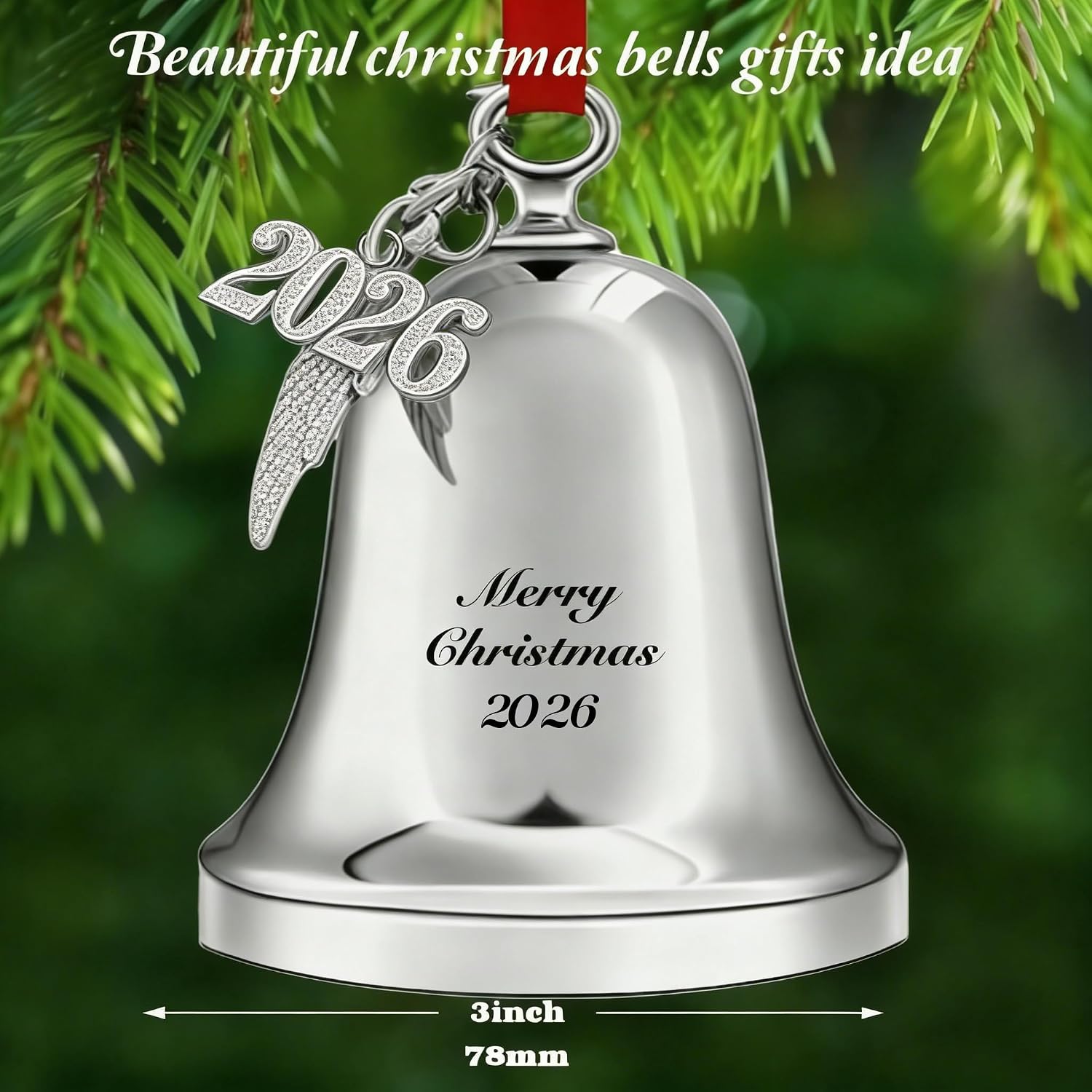 Christmas Bell Ornament 2026, Angel Sleigh Bell, Home Bells Decor Silver Decorative Bell for Tree (Silver Merry Christmas)