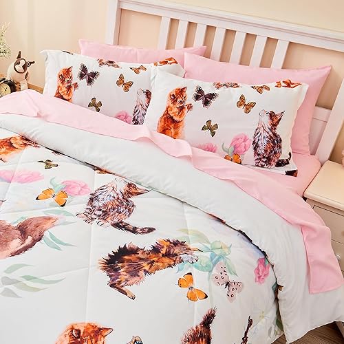 Miniatura 1 de Juego de edredón de gato tamaño matrimonial, cama de 7 piezas en una bolsa, bonito juego de ropa de cama con patrón floral y gato para niños,