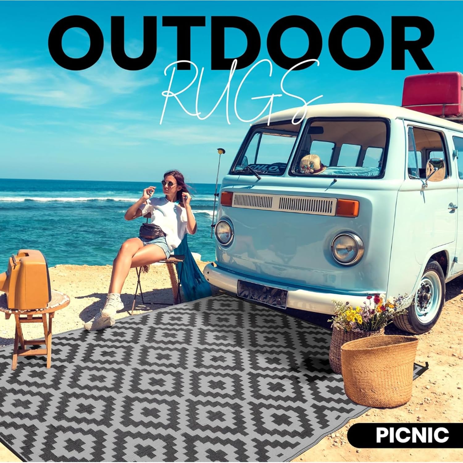 Outdoor Rugs, Outdoor Plastic Straw Rug, Reversible Waterproof Carpet for Camping, Poolside, Garden, BBQ Area, Gazebo Flooring, RV Park & Beach, Square Pattern, Black & Light Gray, 5'x8'