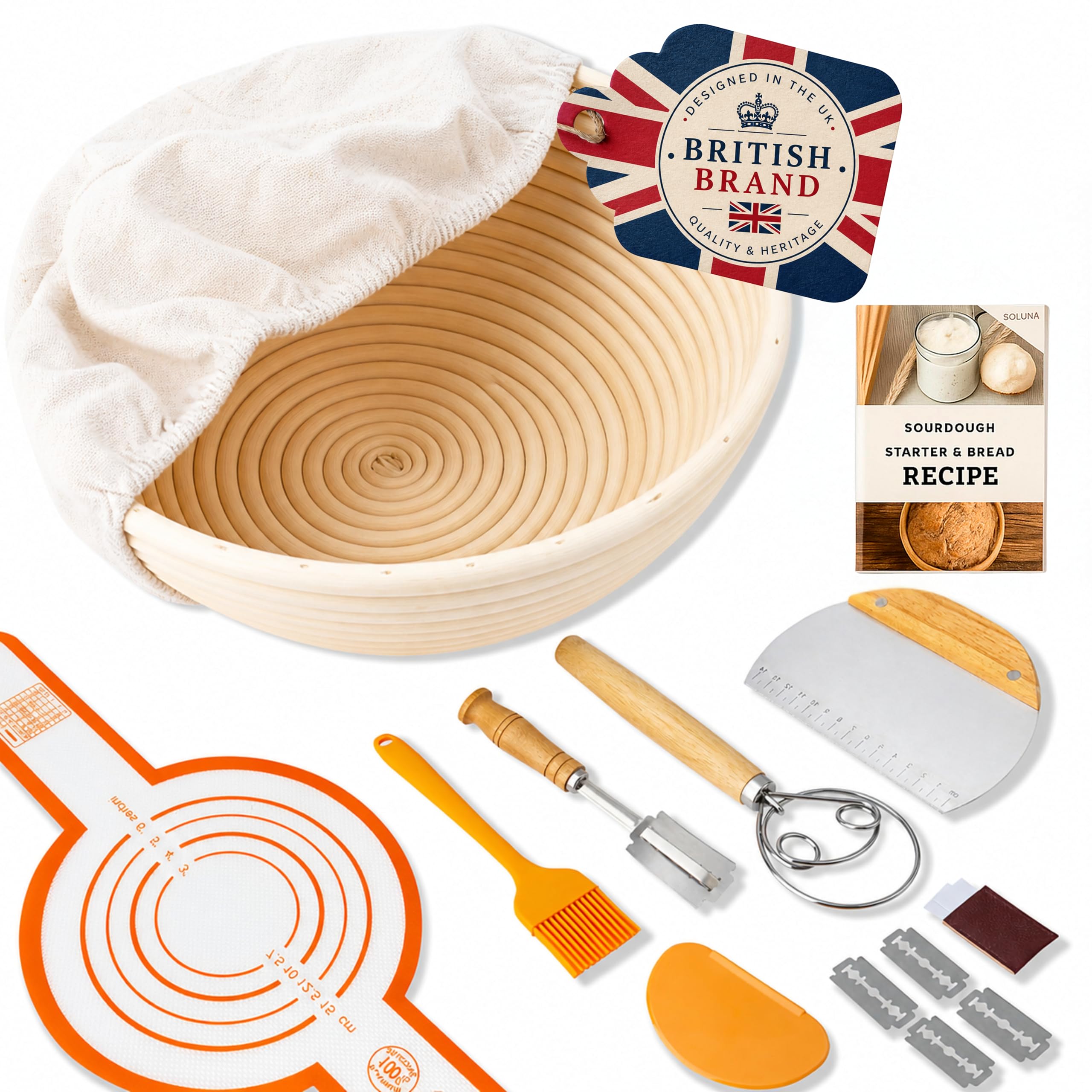 SoLuna. Sourdough Starter Kit for Bread Making with Banneton Proofing Basket 9" Round - Sourdough Starter Supplies Kits - Bread Baking Accessories (Orange, 9pcs)