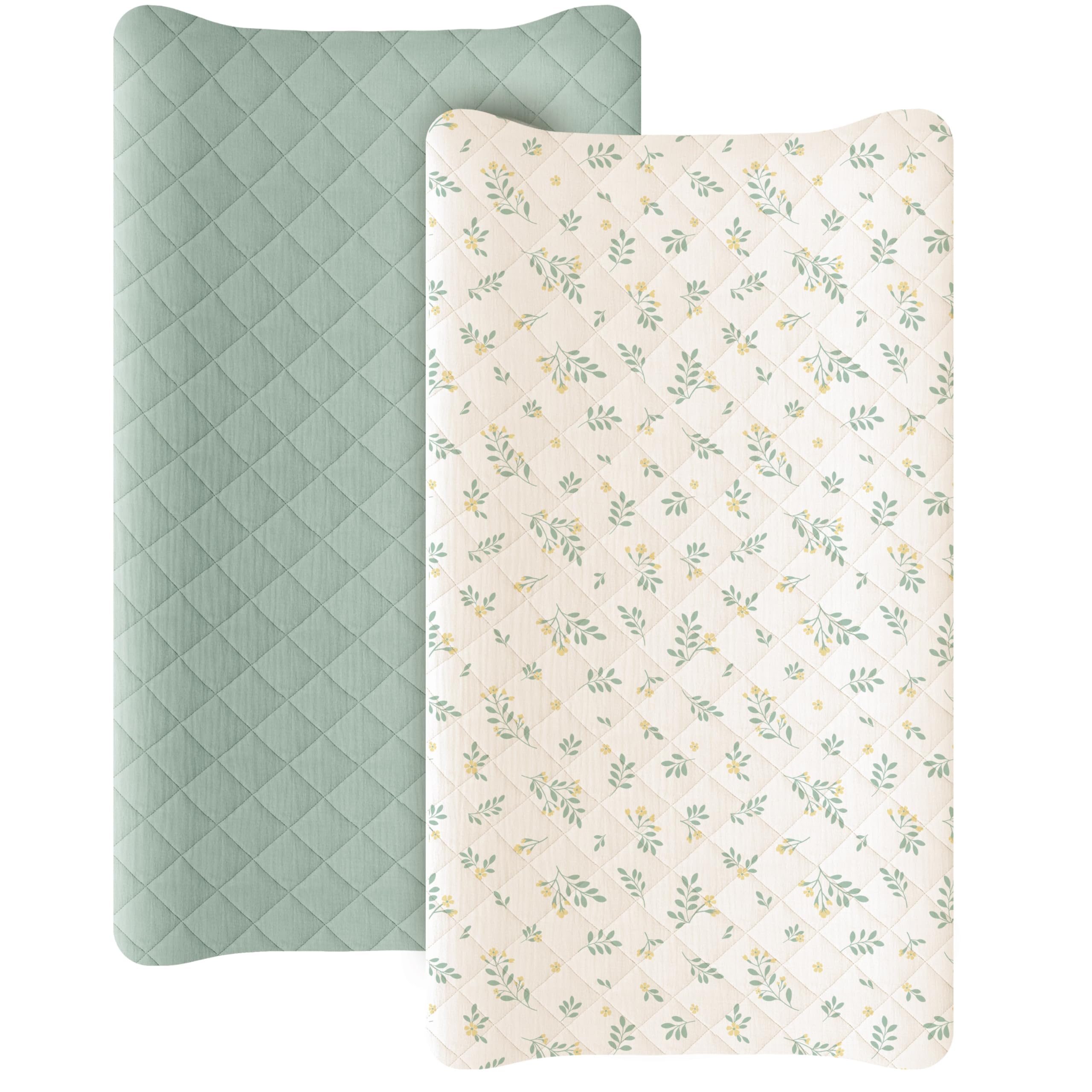 Konssy Waterproof Muslin Changing Pad Cover 2 Pack, Quilted Cotton Fitted Diaper Changing Table Cover, Soft Changing Pad Sheets for Girls Boys (Leafy,