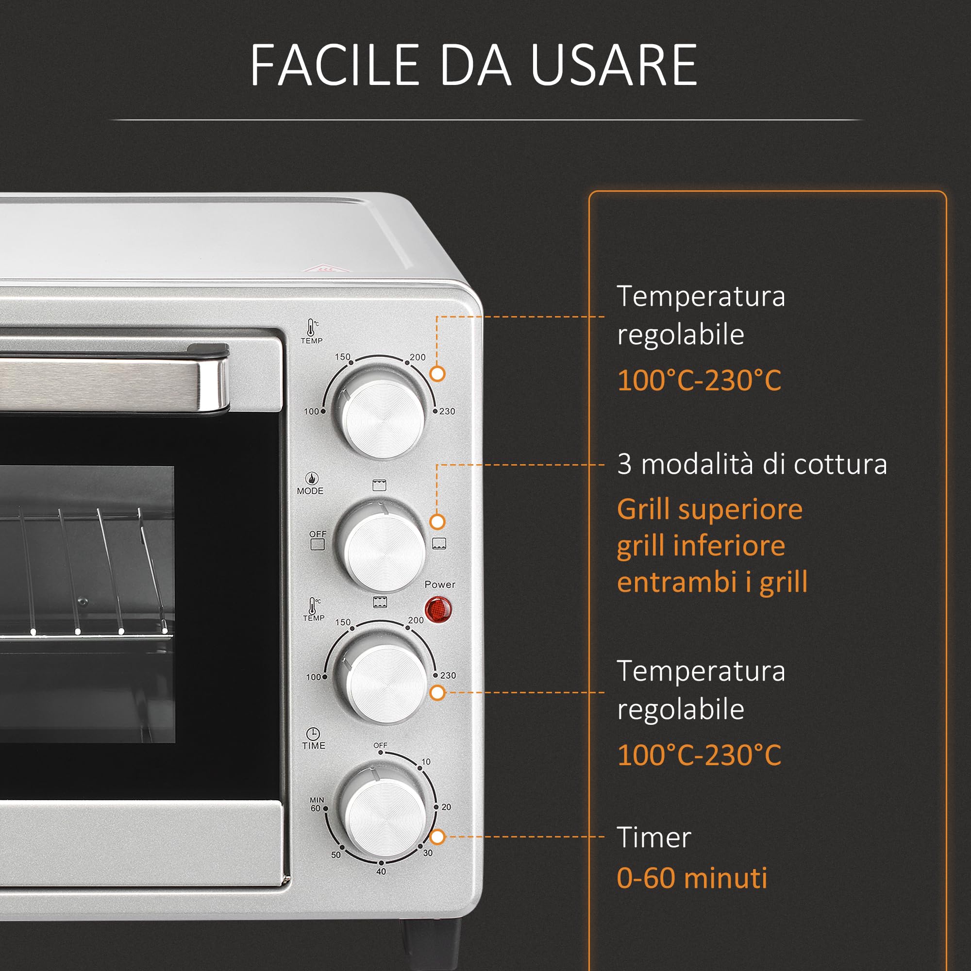 HOMCOM Fornetto Elettrico 32L 1600W con Timer, 52.2x38.1x33.5cm, Argento