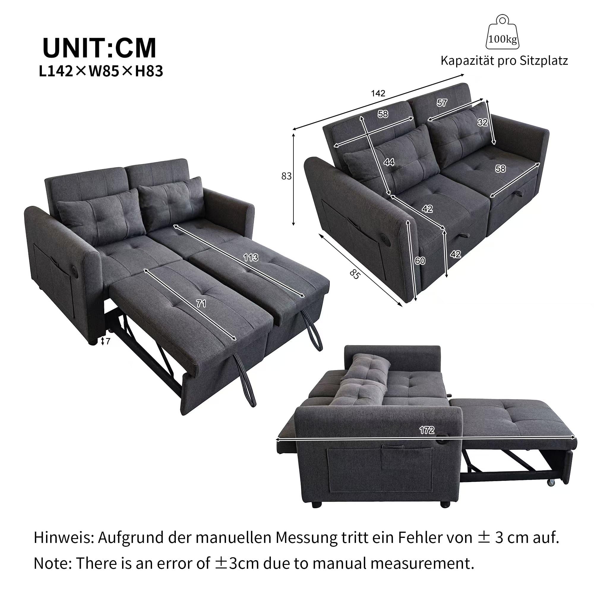 Azkoeesy Divano letto allungabile a 2 posti con funzione letto, larghezza 140 cm, con stazione di ricarica USB, schienale regolabile, 2 cuscini, tasca laterale, adatto per soggiorno, camera da letto