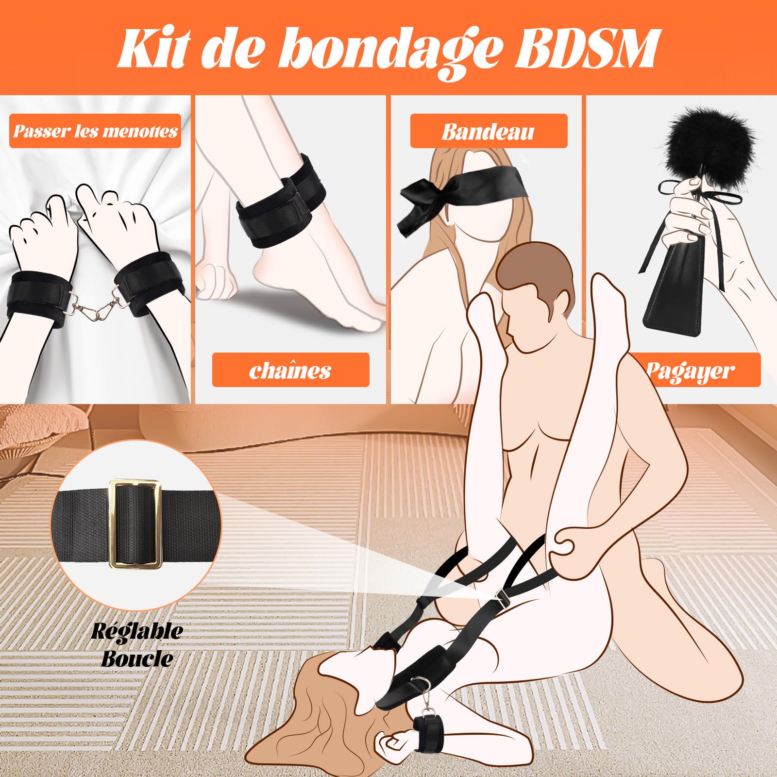 Sex Toýs Femme Couple Kits de Bondage Menottes Sex Lit BDSM Jeux Sexuelle Adulte Couple,Sex Toys Ensemble de Contention de Lit avec Menottes du Cou aux Cuisses/Chevilles, Sangles de Jambe Réglables