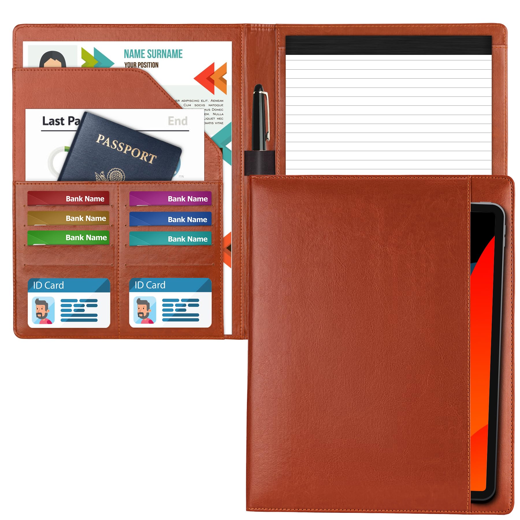 HAUTOCO Portfolio Folder A4 Conference Folder for Men Women, PU Leather Resume Document Organiser with Sleeves & Business Card Holder, Work Writing Pad Folder Padfolio for Office School, Brown