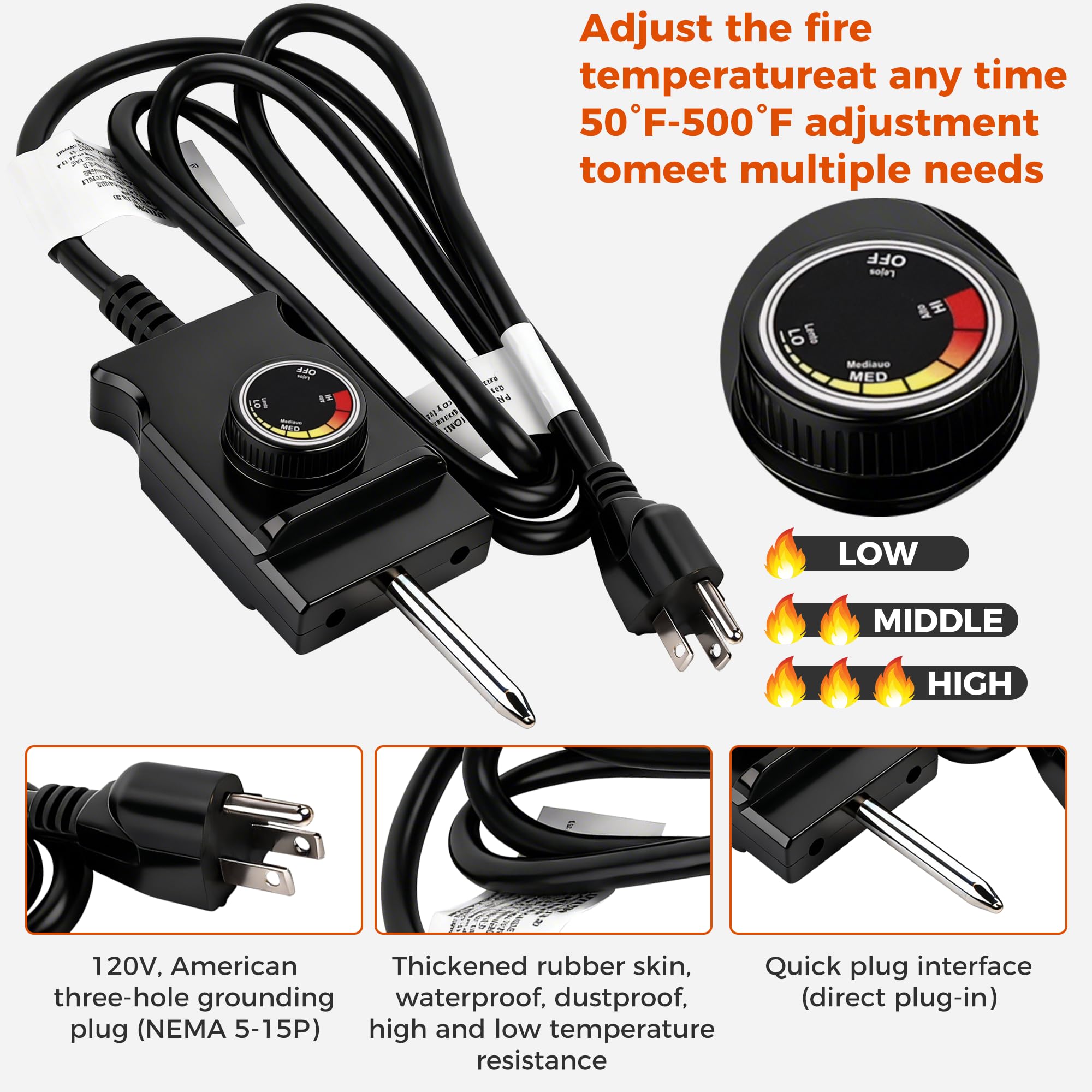 Elemento riscaldante da 1500 Watt, da 10 °C a 232 °C, per affumicatori elettrici e griglie Masterbuild, con cavo termostato regolabile e scatola di collegamento in acciaio inox Romalon