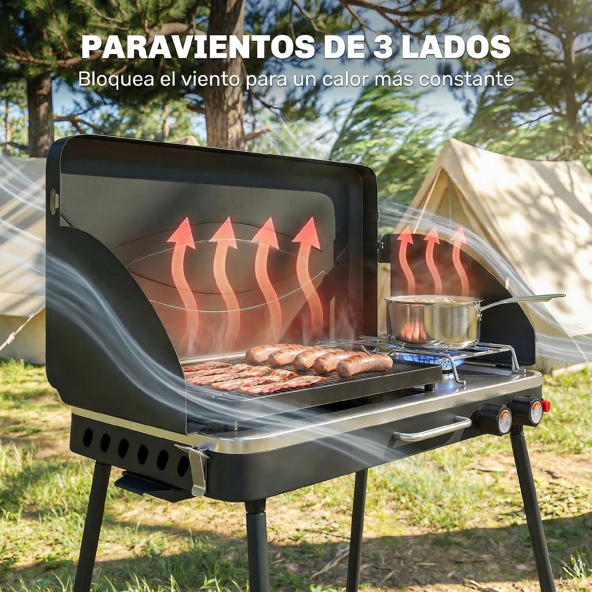 Outsunny Barbacoa de Gas Portátil 2 en 1 7 kW con Plancha Grande Negro | Barbacoa de Gas Propano, de Mesa o de Pie, Patas Desmontables, Protectores de Viento, para Picnic, Camping
