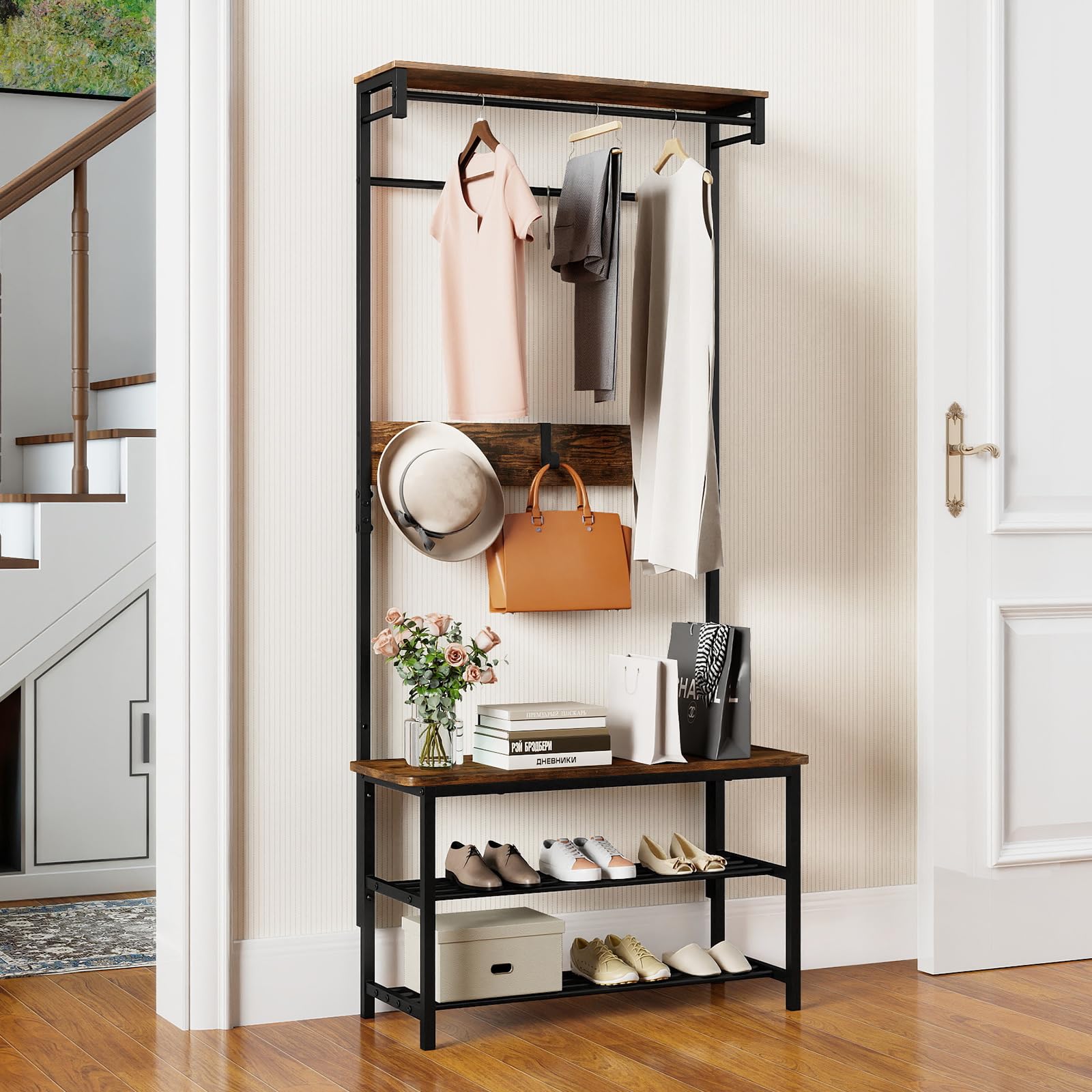 RELAX4LIFE Appendiabiti Scarpiera Alta, Organizzatore con Panca per Scarpe, Mensola di Stoccaggio, Barre per Appendere e 6 Ganci Estraibili, Appendiabiti Industriale per Corridoio e Ingresso