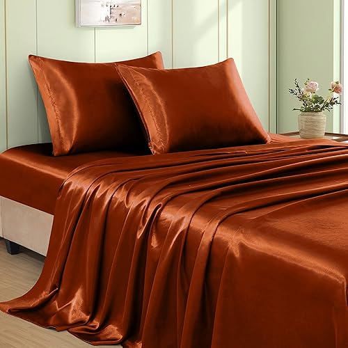 VACVELT Juego de sábanas de satén de 4 piezas, color naranja óxido, tamaño King, juego de sábanas de satén sedoso de 15 pulgadas de profundidad de