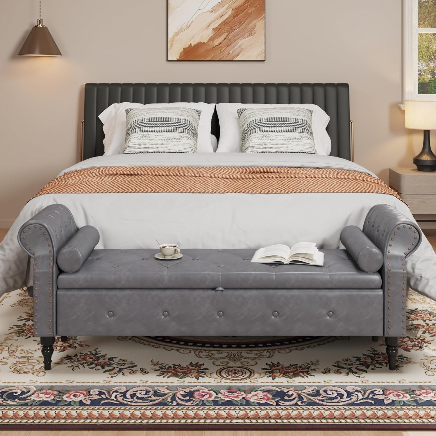 65" Bedroom Bench with Storage,Faux Leather Bed Benches with Tufted Buttons,Large Upholstered Storage Bench with Rolled Arms and Nailhead Trim for King Size End of Bed,Entryway,Grey
