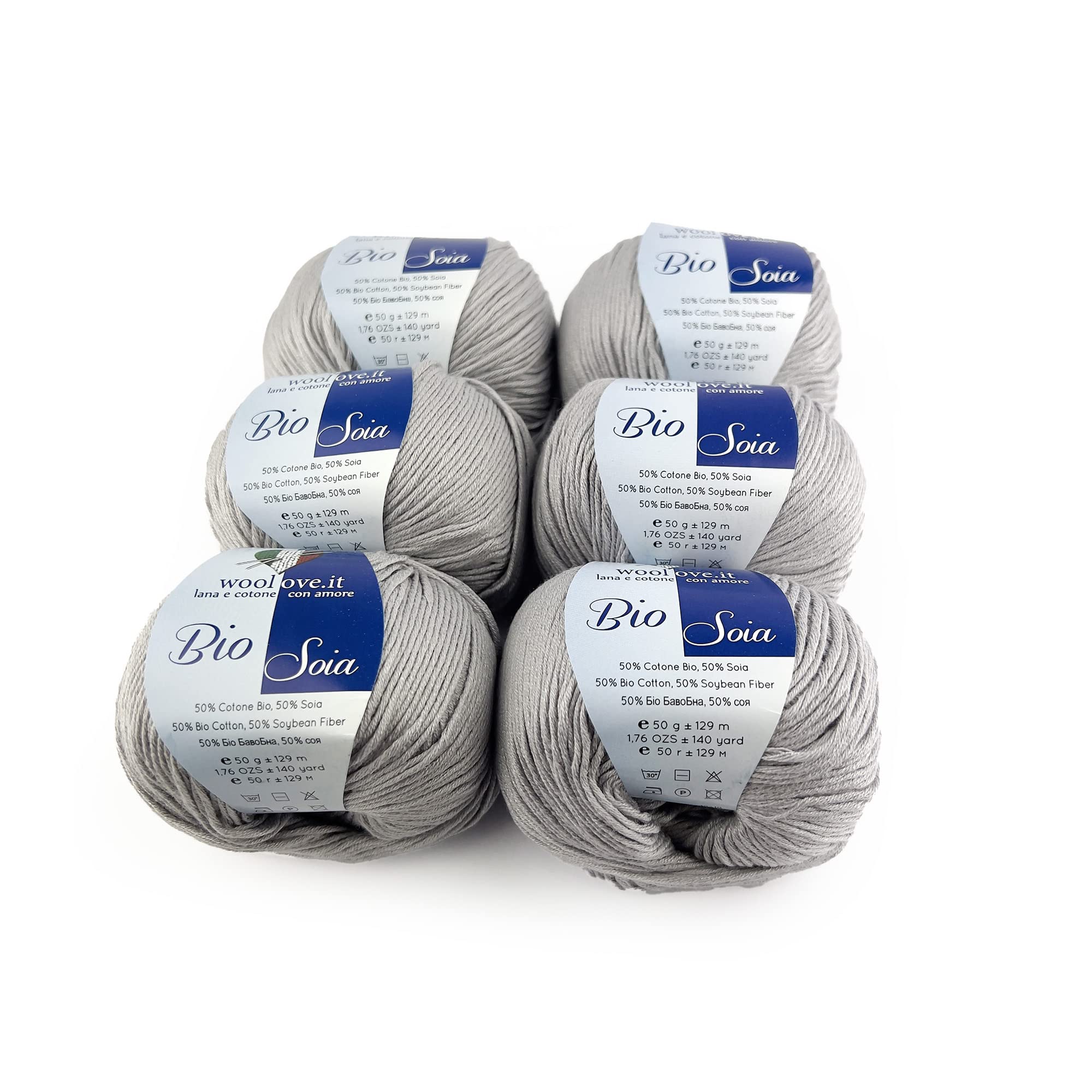 TRICOT CAFE' Woolove Bio Soia Cotton and Soy Blend Yarn, Very Soft, Breathable and Shiny, Natural Vegetable Fibres, Ideal for Crochet Hooks: 3.00/3.50, 6 Pieces, Denim Blue 601, 300 g