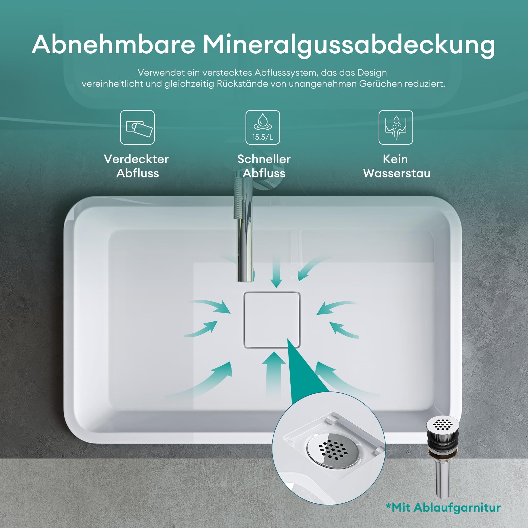 Mai & Mai Lavabo da Incasso 53x33x10.5cm, Lavandino Bagno da Appoggio Rettangolare da Minerale Fuso, Bianco Lucido, Colossum104