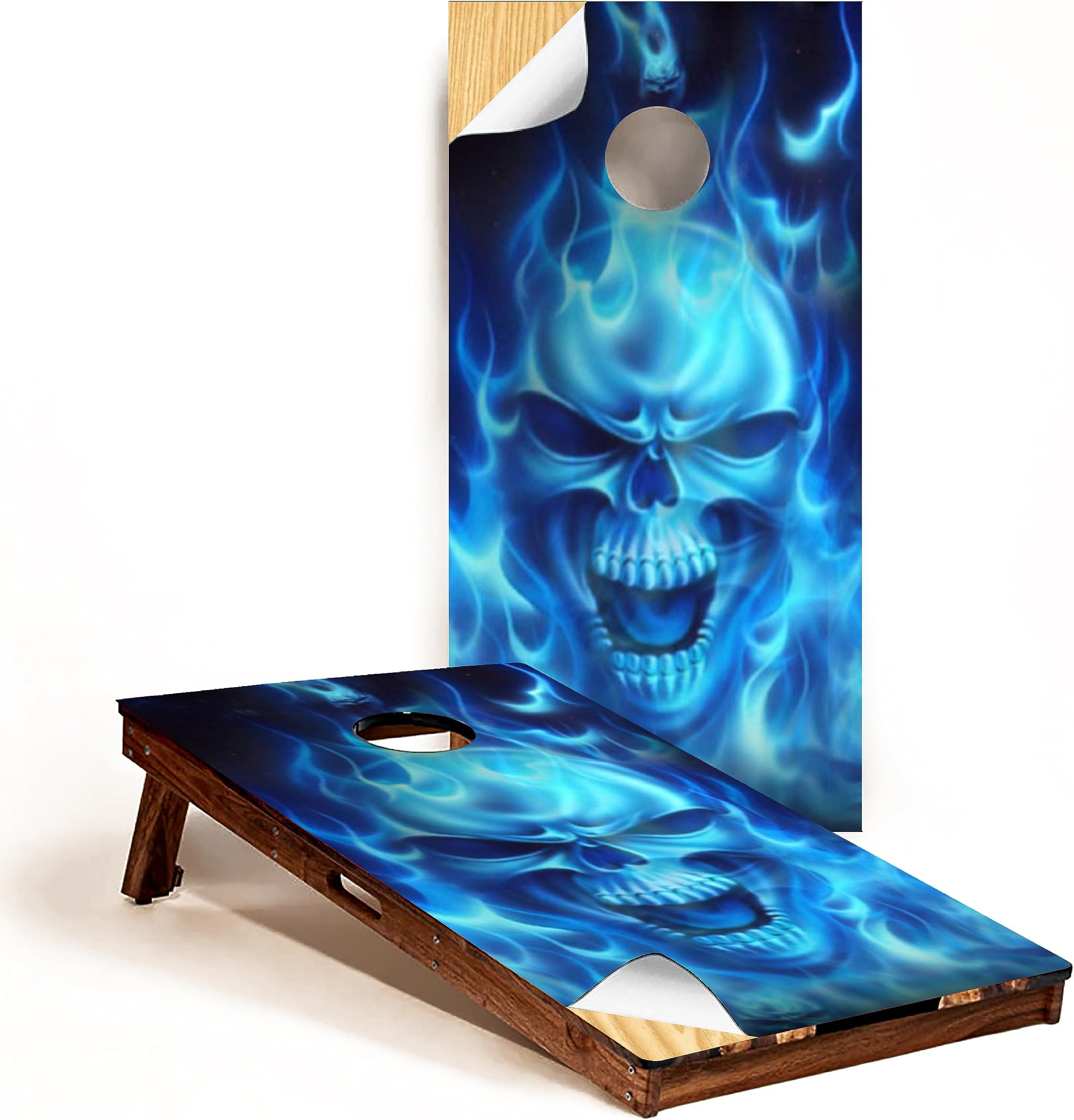 Skull Cornhole Board Wrap - C15 Flaming Skull - Laminated Weatherproof Vinyl Decal - Easy Bubble-Free Application - Stickers Dimensions: 2' x 4' - Set of 2