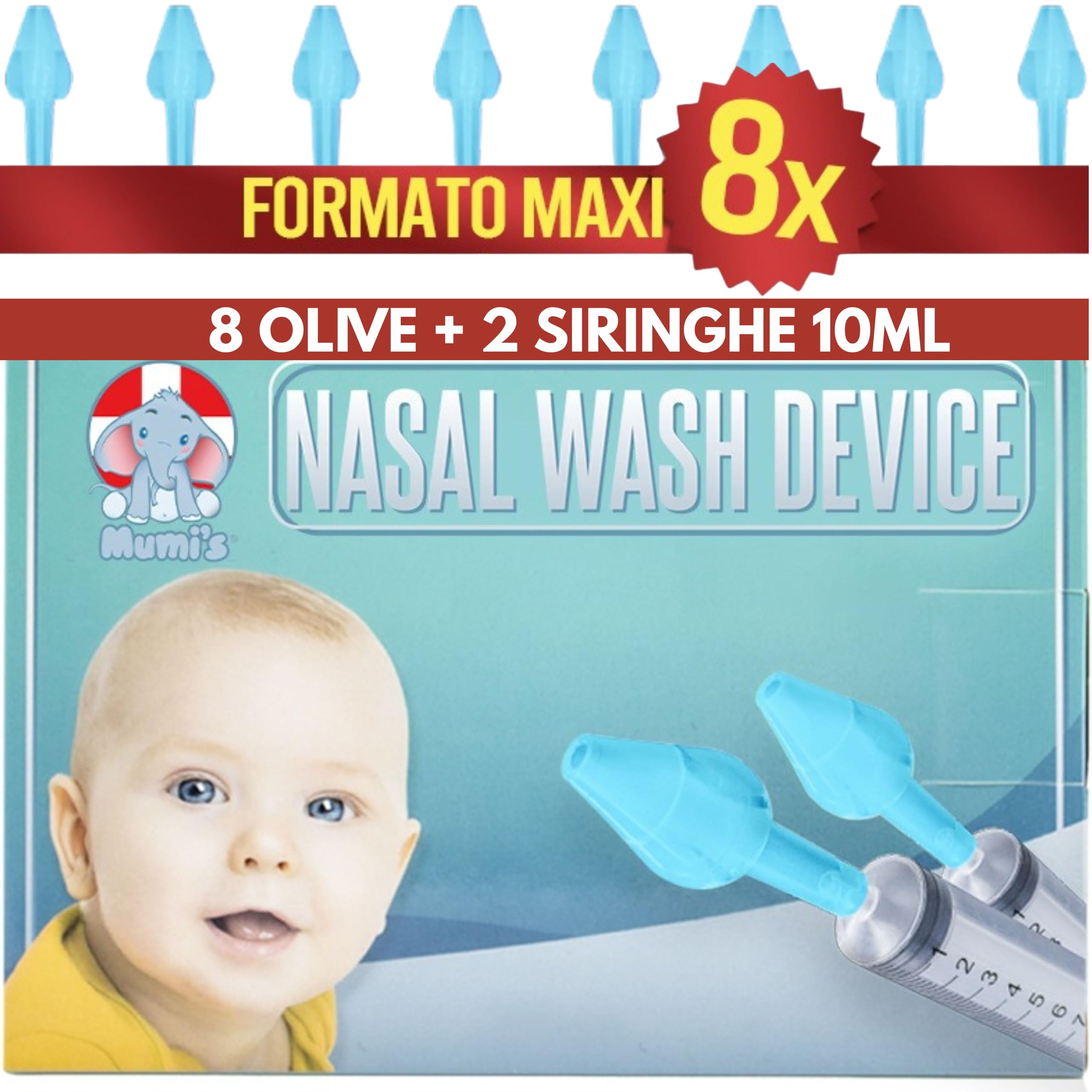 mumi's 8 pezzi,siringa per lavaggi nasali bambini adulti e neonato 8 olive nasali per lavaggi neonato +2 siringhe per lavaggi nasali 10ml Dispositivo medico CE made in italy