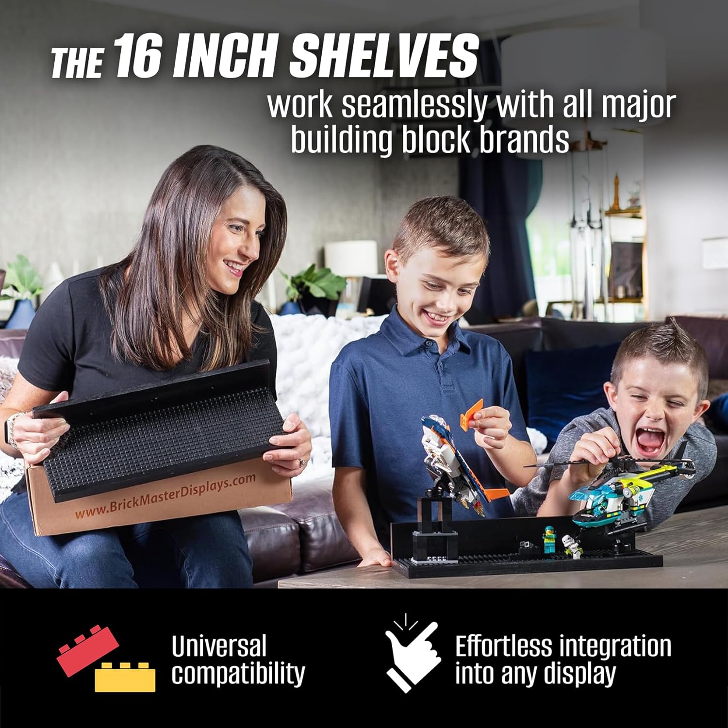 16in Shelves Floating Shelves for Building Block Display - Compatible as a Lego Display Shelf - Floating Shelves for Wall - Works with Major Building Blocks - Black 2-Pack