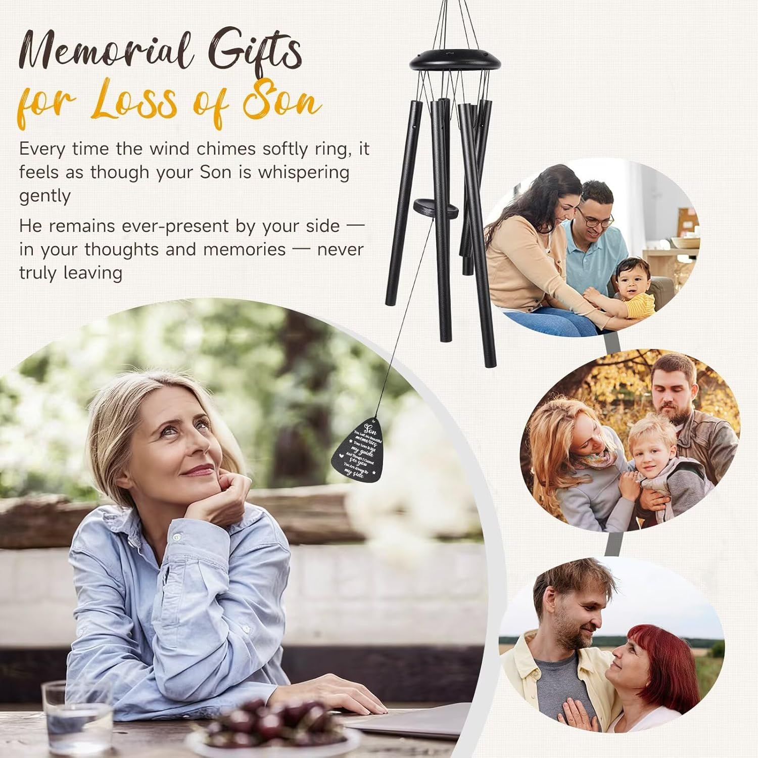 Memorial Gifts for Loss of Son, 25''Memorial Wind Chimes for Loss of Son Gifts, Condolence/Remembrance/Bereavement Gift,Windchimes in Memory Sympathy Gift,Funeral Decor for Garden Outside,Black - Image 4