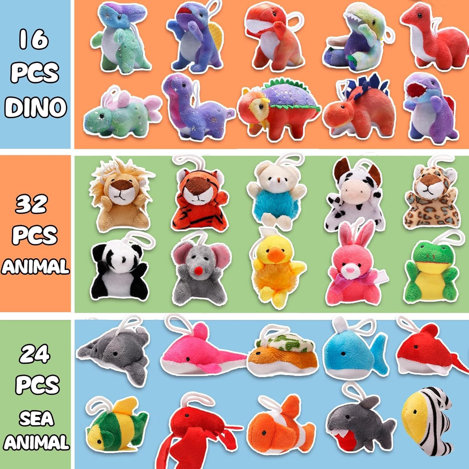 72-teilige Mini-Plüschtier-Kollektion, vielfältige weiche Spielzeuge (Dinosaurier, Zoo- & Meerestiere), Partymitbringsel für Kinder in Großpackung, perfekt als Greifautomat-Füllung, Goodie-Bag-Füller,