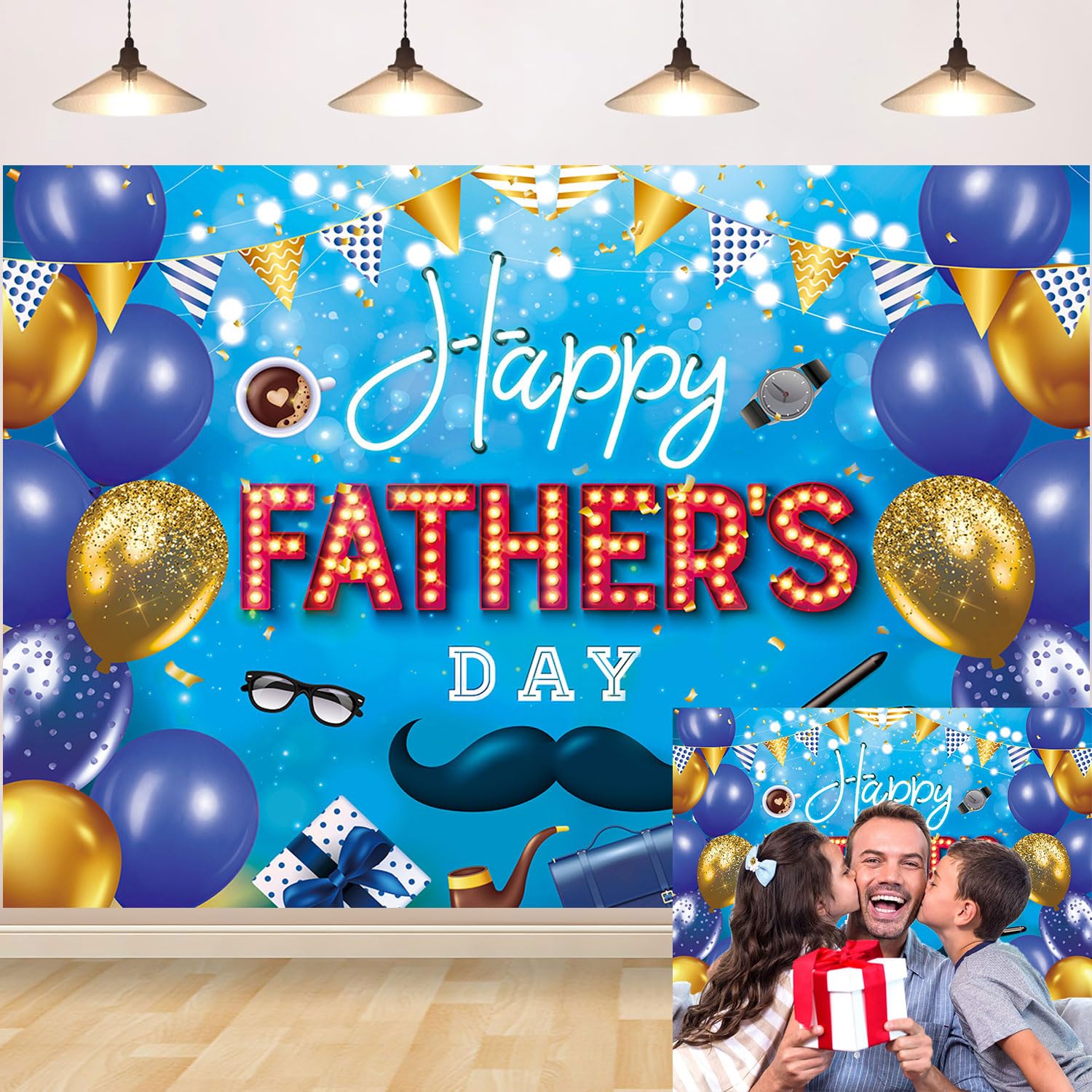 Happy Father's Day Backdrop for Photography Blue Gold Glitter Balloon Father's Day Party Decoration Banner Family Cake Table Birthday Photo Booth Props (7X5FT)