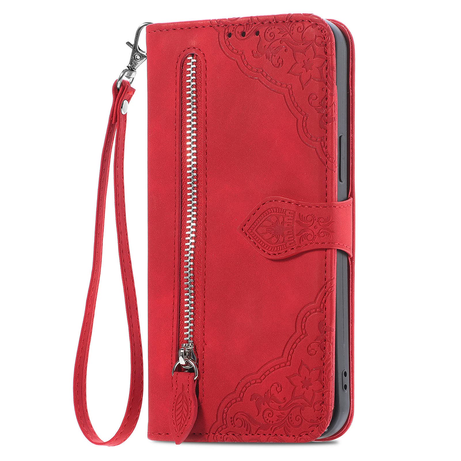 BLOTECH Embossed Folio Flip for Phone Alcatel 1B 2020 Case Wallet PU Leather Case Cell phone Shell Kickstand with ID Credit 7 Card Slots Skin Cases Covers and Lanyard Strap Zip Coin Purse Cover,Red