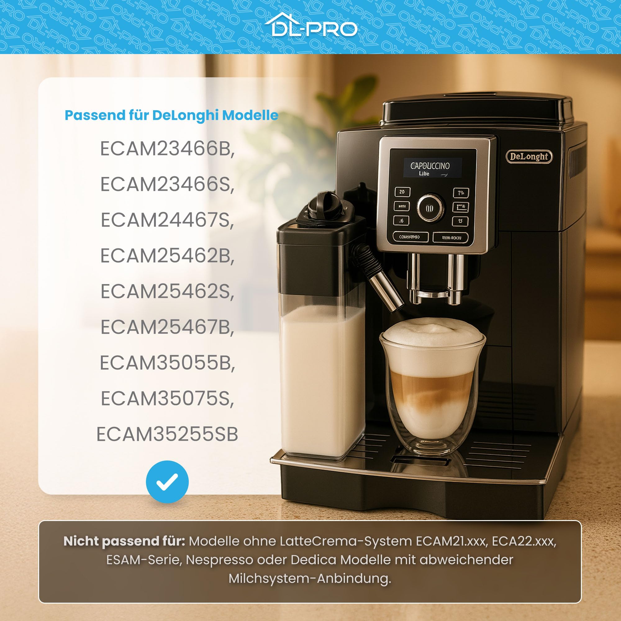 DL-pro Milchbehälter mit Deckel für DeLonghi 5513296641 – kompatibel nur mit ECAM 23.466/24.467/25.462/25.467/350.55/350.75/352.55 – inkl. Reinigungsbürste