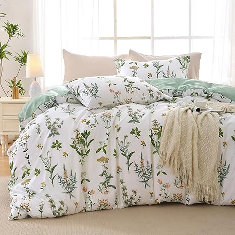 MUXHOMO Duvet Cover Full Size, Reversible Floral Green Duvet Cover Set with Zipper Closure, 3 Pieces Botanical Patterns Soft Microfiber Bedding Set with 4 Ties (80"x90", 2 Pillow Cases)