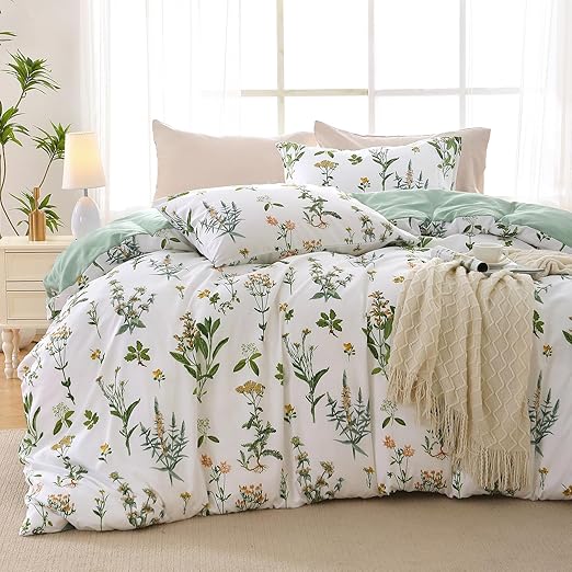 MUXHOMO Duvet Cover Full Size, Reversible Floral Green Duvet Cover Set with Zipper Closure, 3 Pieces Botanical Patterns Soft Microfiber Bedding Set with 4 Ties (80"x90", 2 Pillow Cases)
