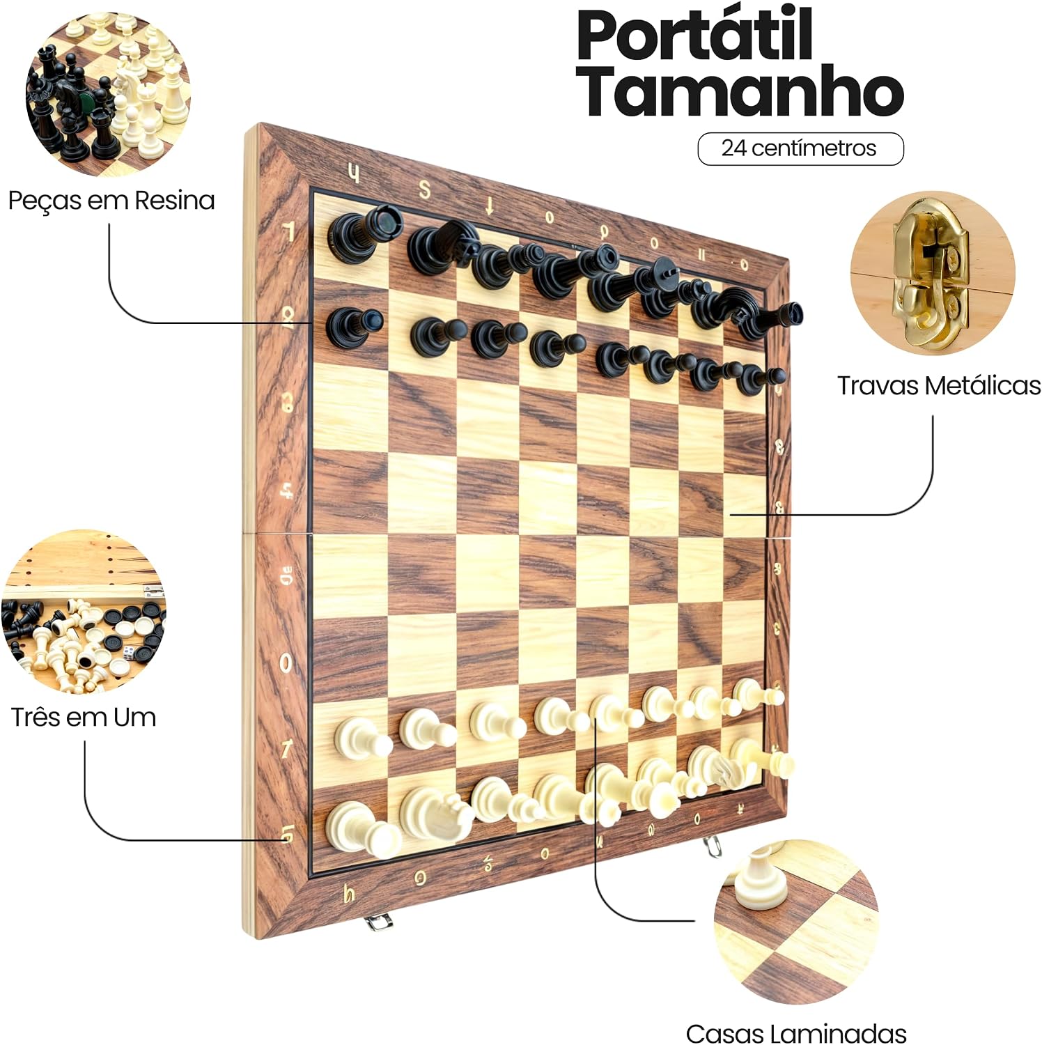 Jogo Xadrez 3 em 1 Magnético com Damas Gamão Tabuleiro Dobrável 24x24 cm Estilo Estojo Clássico Profissional Luxo Peças Resina de Alto Impacto Recreação Estratégia Tamanho Portátil