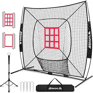 BAGAIL 7x7 ft Baseball & Softball Practice Net with Bow Frame for Batting, Hitting, Pitching, Portable Backstop Training Equipment with 2 Strike Zone, Tee, Carry Bag, Great for All Levels Recycled Claim Standard 100 product image