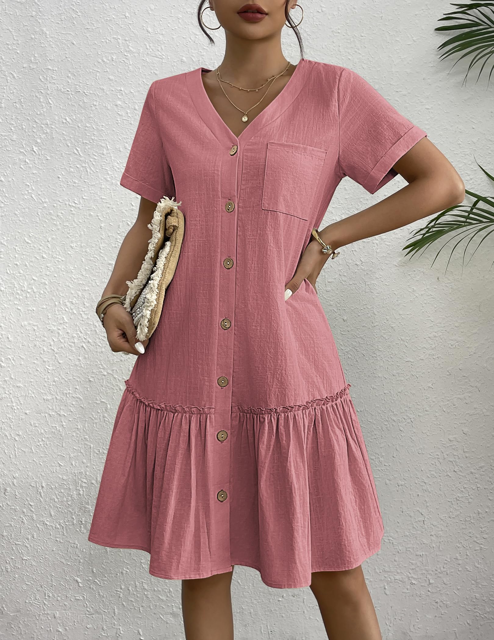 Hotouch Abito estivo da donna, con bottoni, in lino, casual, con scollo a V, a maniche corte, linea ad A, con volant