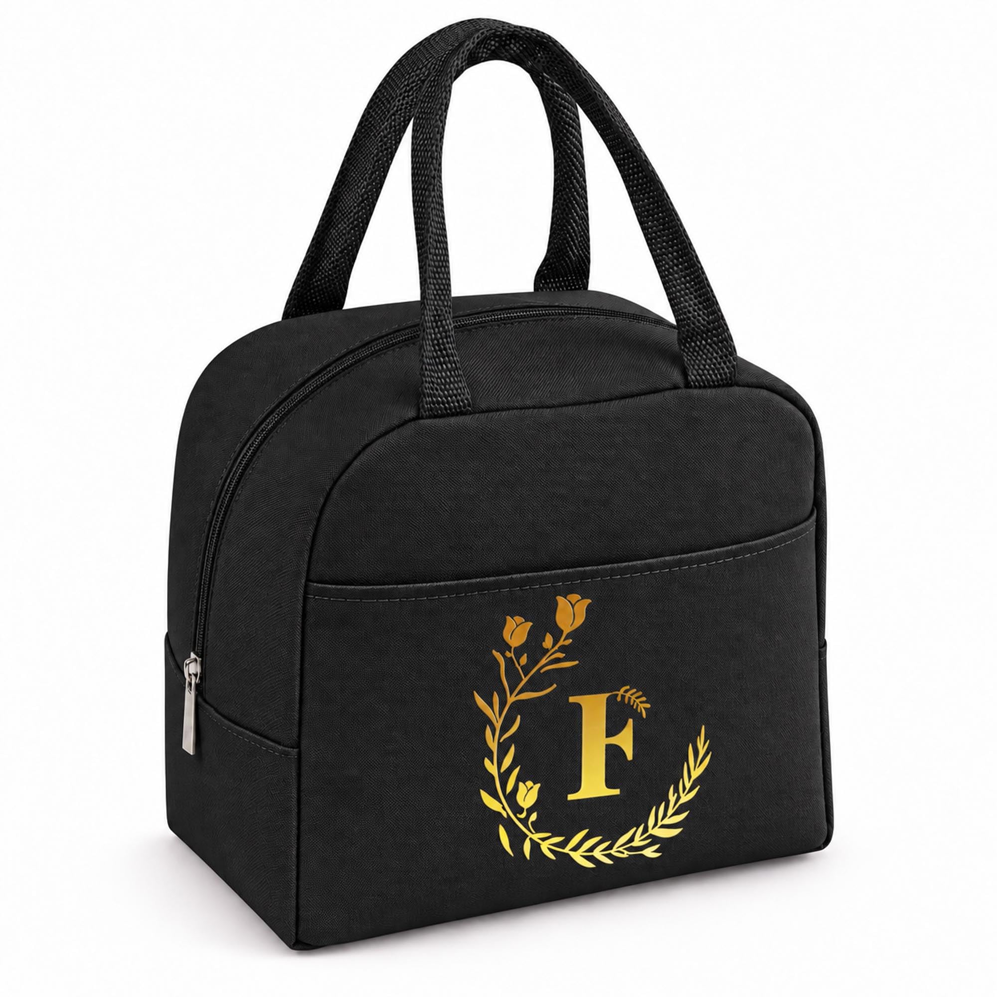 Personalized Black Initial Letters Insulated Lunch Bag for Women Men Kid-F