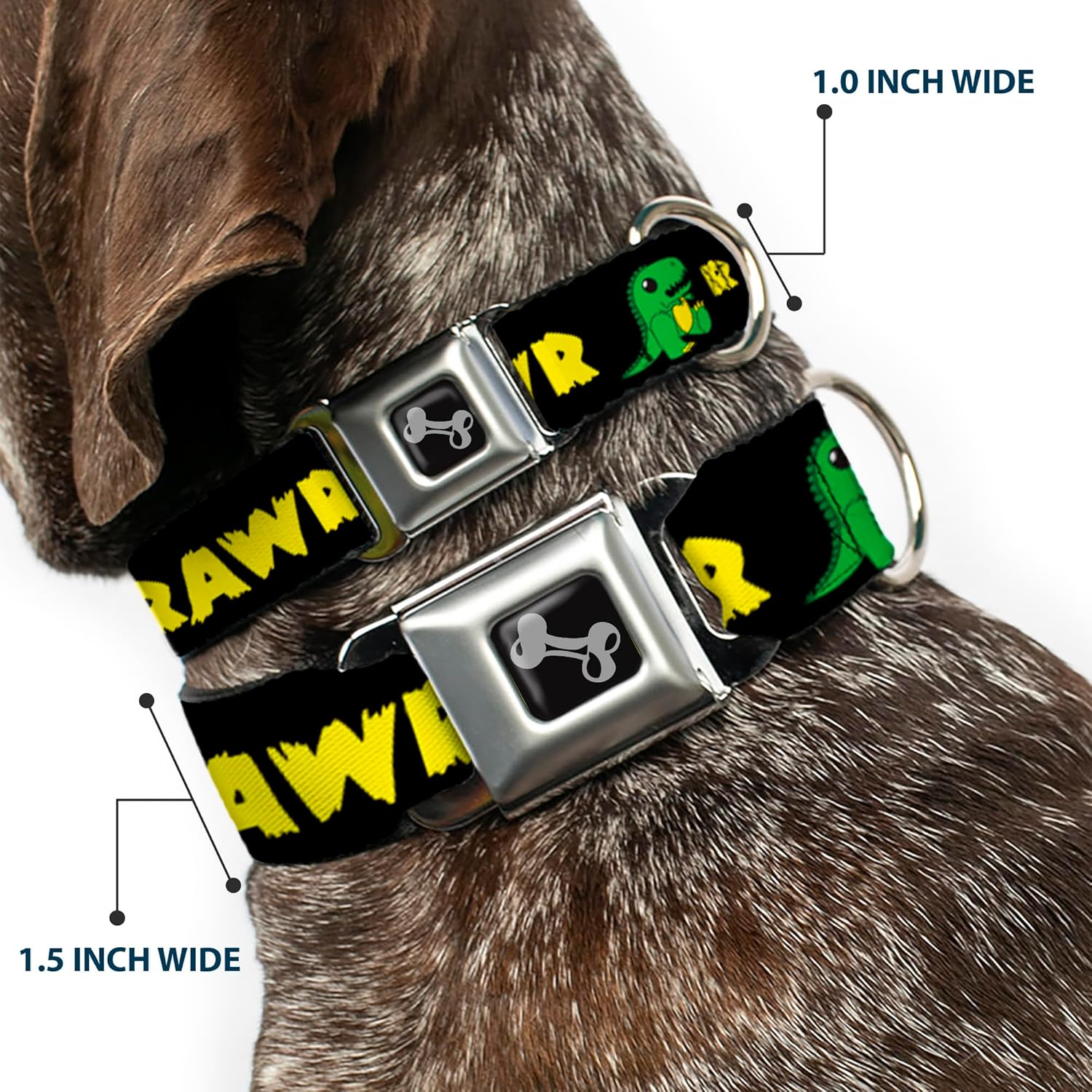 Buckle-Down Seatbelt Buckle Dog Collar - RRRAWR Dinosaur Black/Green/Yellow - 1" Wide - Fits 15-26" Neck - Large