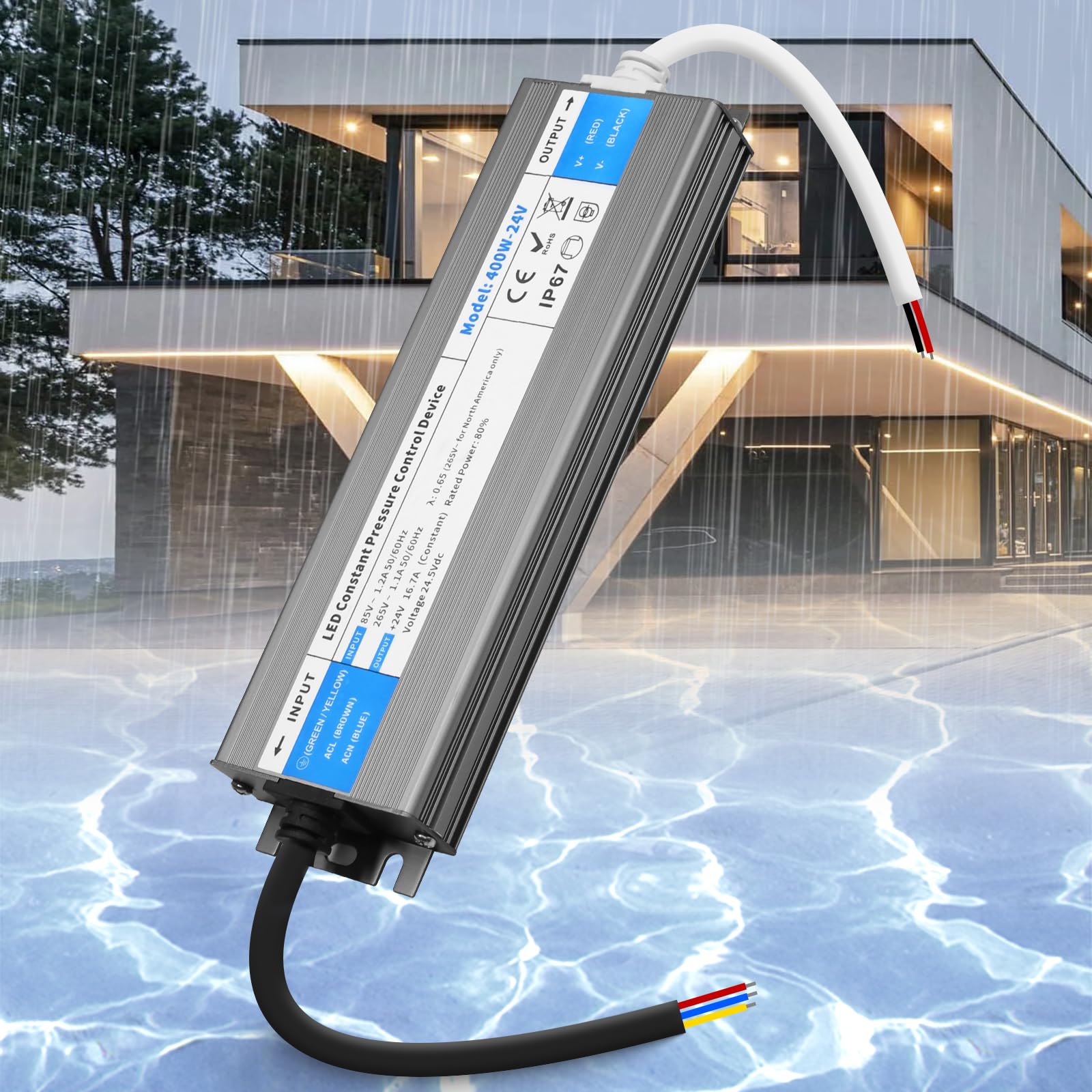SUCIKORIO 24V 400W LED Transformer Waterproof IP67, Ultra Slim LED Driver 240V AC to 24V DC 16.7A 400 Watt Quiet Low Volt Converter LEDs Power Supply Constant Voltage For LEDs Strip, Indoor & Outdoor