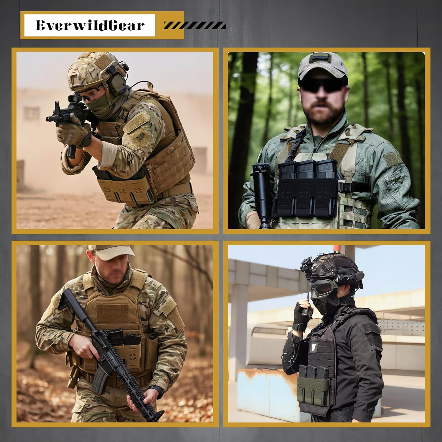 Tactical MOLLE Triple Mag Pouch for Plate Carrier, Open Top Magazine Pouch for M4 M16 AR15 5.56 .223, Internal Locking Slots with Malice Clips, 3 Elastic Mag Pouches Inserts with Hook & Loop