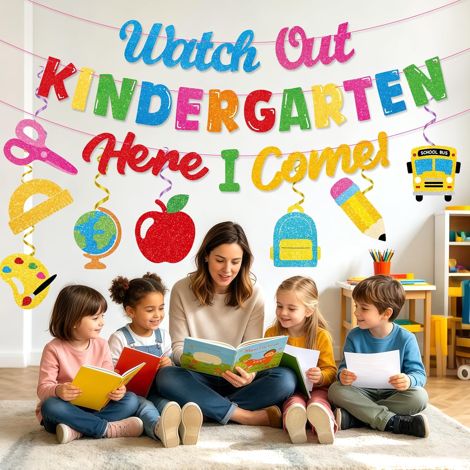 Back to School Decorations Kit, Watch Out Kindergarten Here I Come Banner with Hanging Swirls, First Day of Kindergarten Classroom Decorations, Welcome Kindergartens for Kids School Decor
