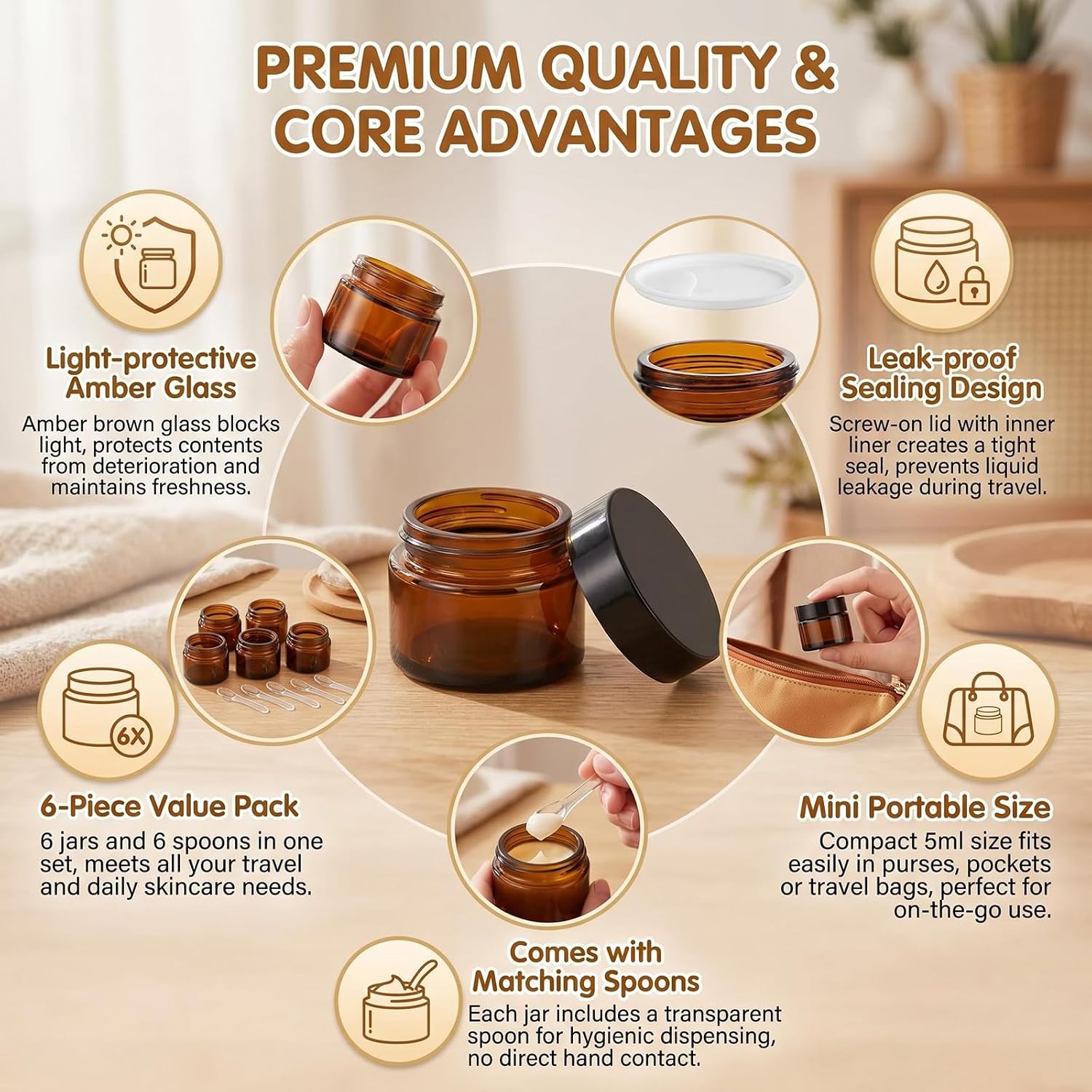 6Pcs 0.17oz/5 Gram Small Amber Glass Jars with Lids & Spatula