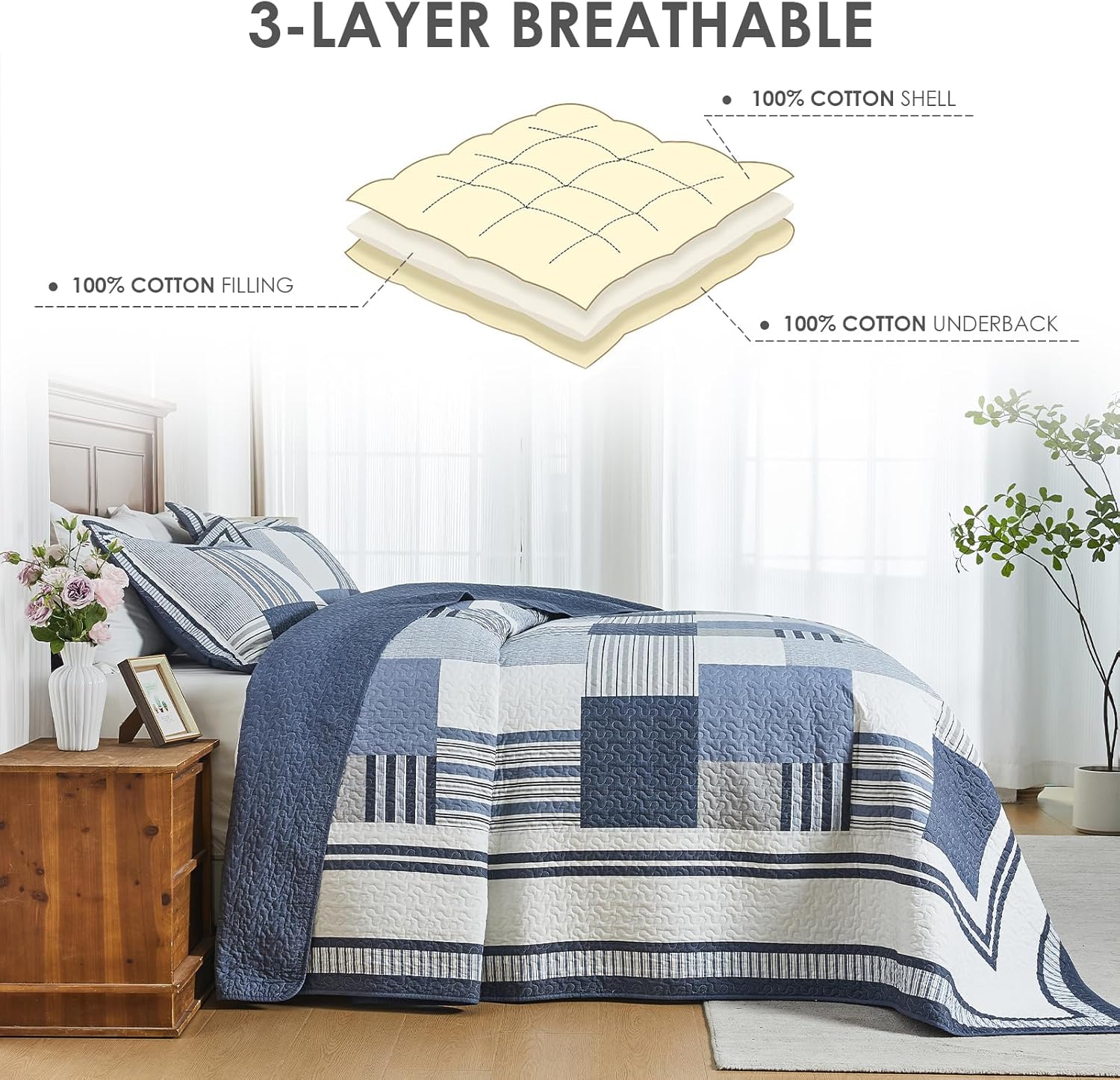 Oversized Queen Bedspread - 120" Lx102 W Extra Wide - 100% Cotton Stripe Plaid Reversible California Quilt Sets - Super Size Bed Spread Lightweight Thin Coverlet Set - Blue