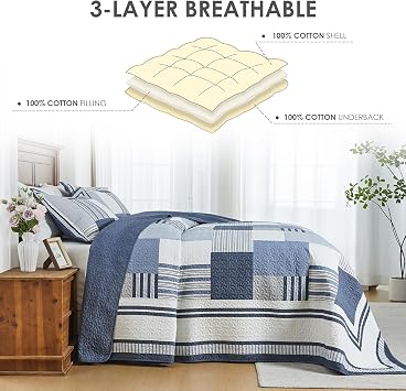 Oversized King Bedspread - 120 Lx120 W Extra Wide - 100% Cotton Stripe Plaid Reversible California Quilt Sets - Super Size Bed Spread Lightweight Thin Coverlet Set - Blue