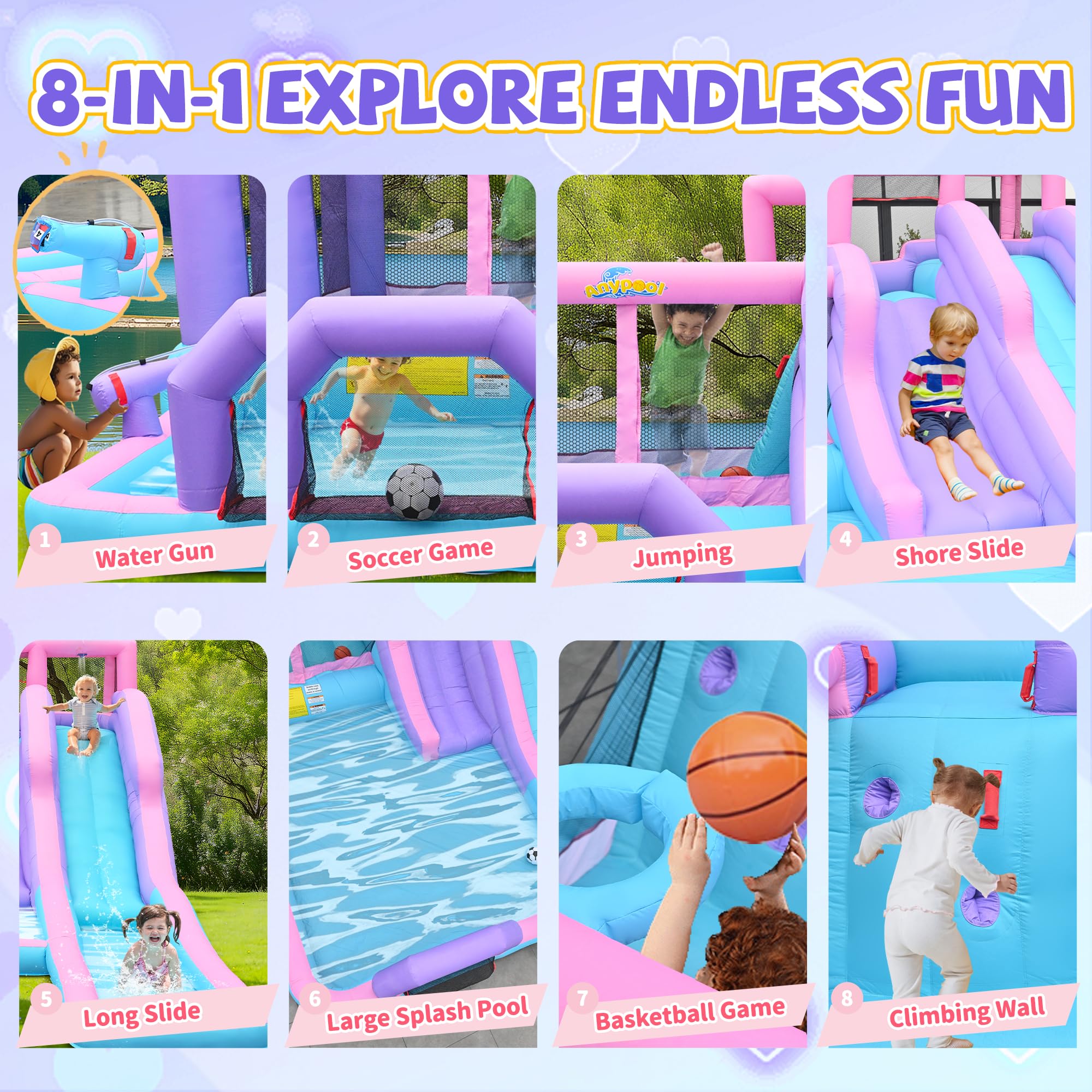 8-in-1 Aufblasbarer Wasserrutschen-Park, 6,1 m x 3,6 m Hinterhof-Hüpfhaus mit 5,5 m langer Rutsche & 2 Bodyboards, Kinder-Wasserrutschen für 3-10 Jahre, inklusive 650-W-Gebläse