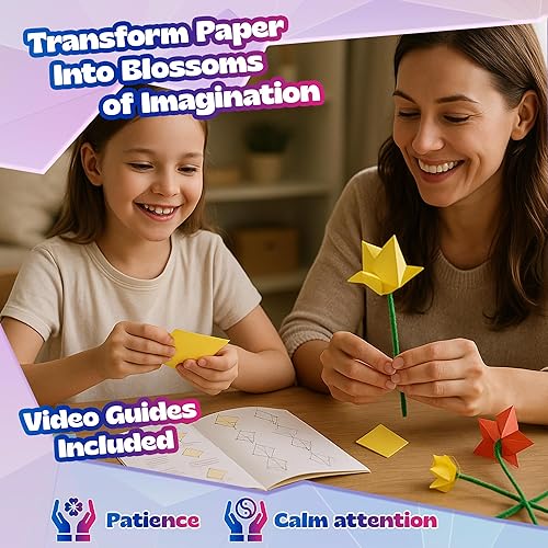 Vista 2 de Pinwheel Crafts Flower Origami Kit for Kids Ages 8-12 150 Pcs Origami Paper Kit w/Multicolor Folding Papers, Chenille Stems,Buttons and Jewels