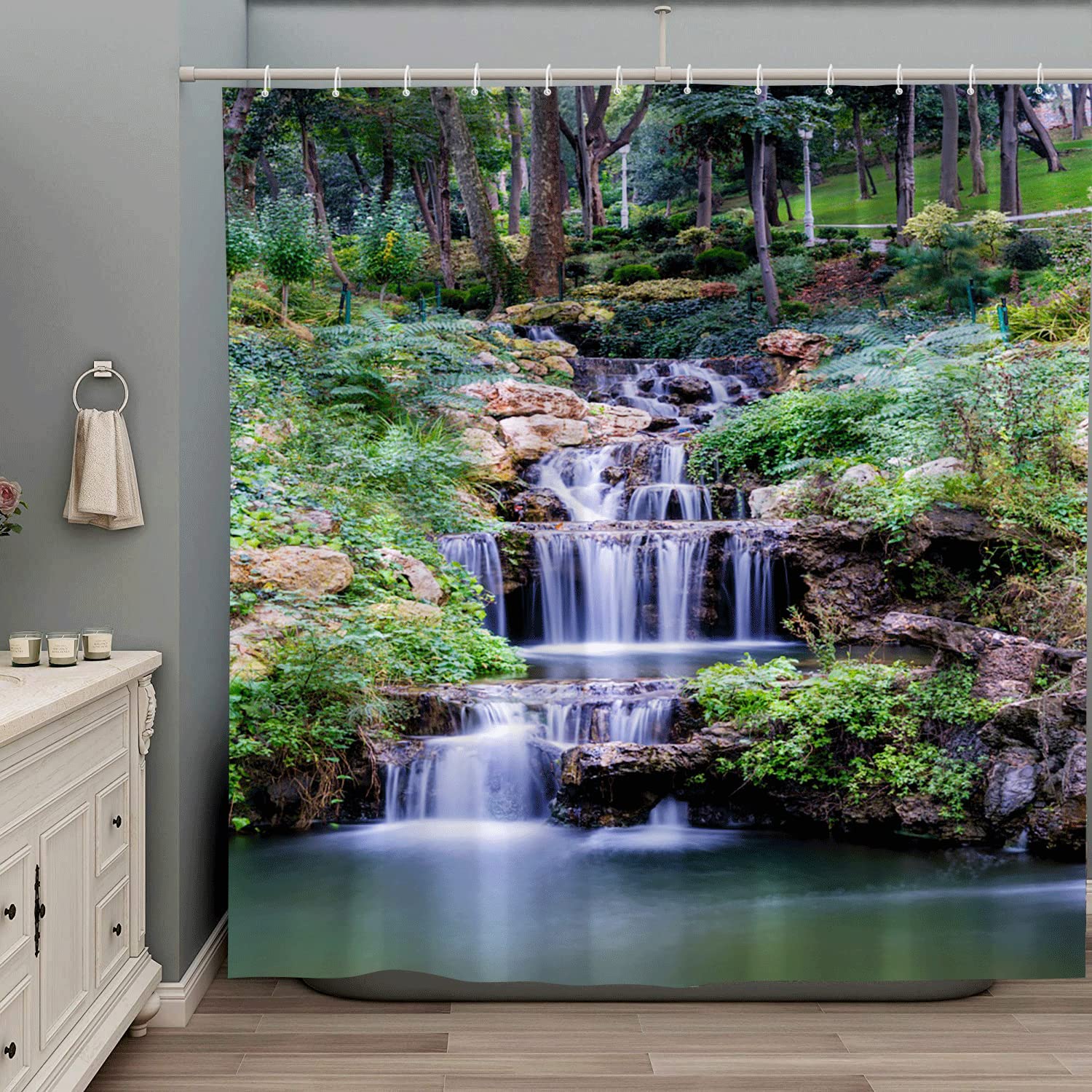 ZZYSKS Forest Waterfall Shower Curtain Spring Nature Scenic Green Tree Tropical Jungle Rainforest River Stone Landscape Fabric Bathroom Decor Set with Hooks 70Wx70H Inch