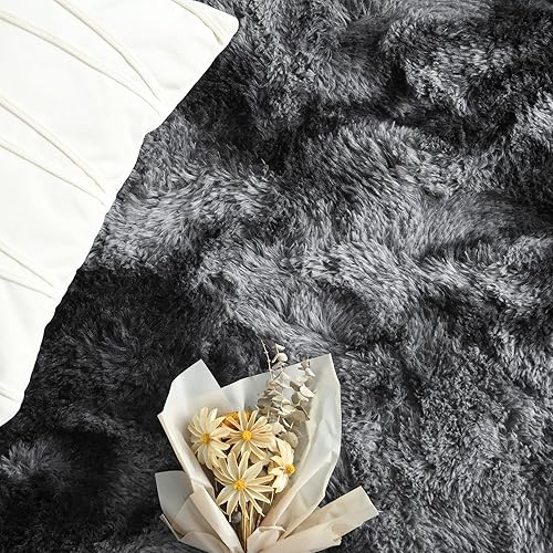 Miniatura 5 de FlyDOIT Alfombras grandes para sala de estar, 5 x 8 pies, teñido anudado gris oscuro, alfombras peludas de felpa ultra suave, modernas alfombras