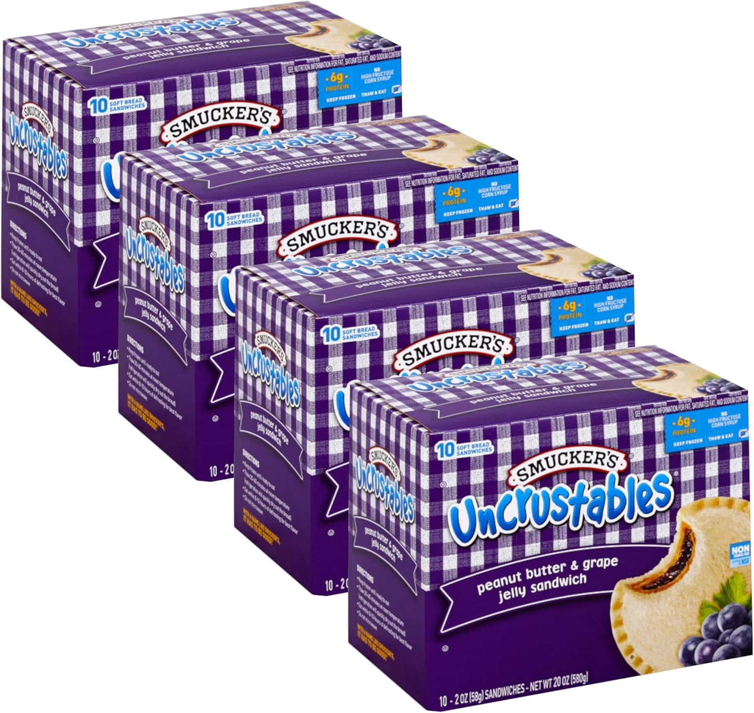 Smucker’s Uncrustables Frozen Peanut Butter & Grape Jelly 10 Soft Bread Sandwiches Sandwiches – No High Fructose Corn Syrup – Non GMO – 6 grams of protein (5% DV) in each Uncrustables – 4 Pack