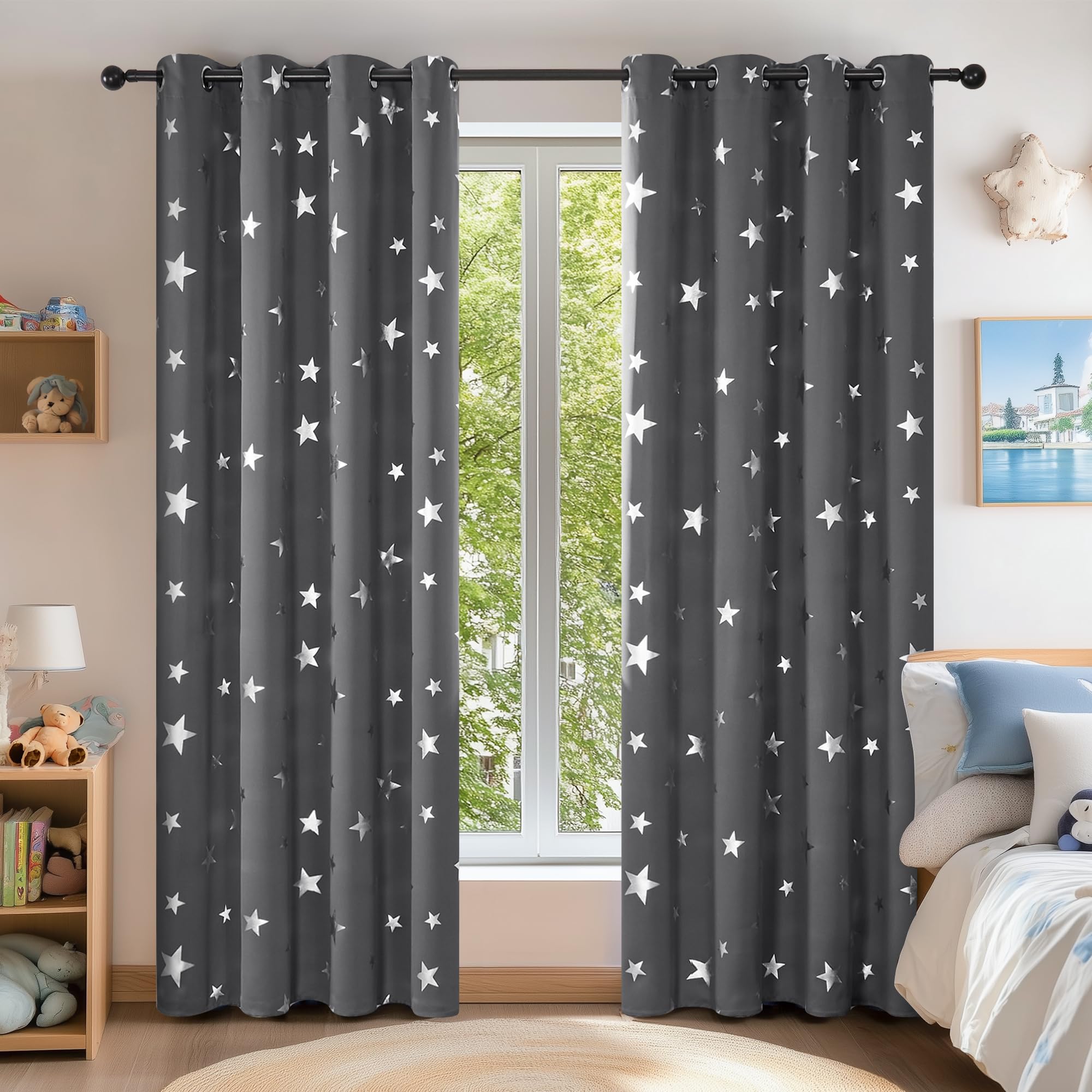 Deconovo Cortinas Dormitorio Moderno Suave Cortina Opaca para Ventanas de Habitación Juvenil Infantiles Estrellas Plateada 117 x 138 cm Gris Oscuro Global Recycled Standard Global Recycled Standard OEKO-TEX STANDARD 100 Global Recycled Standard