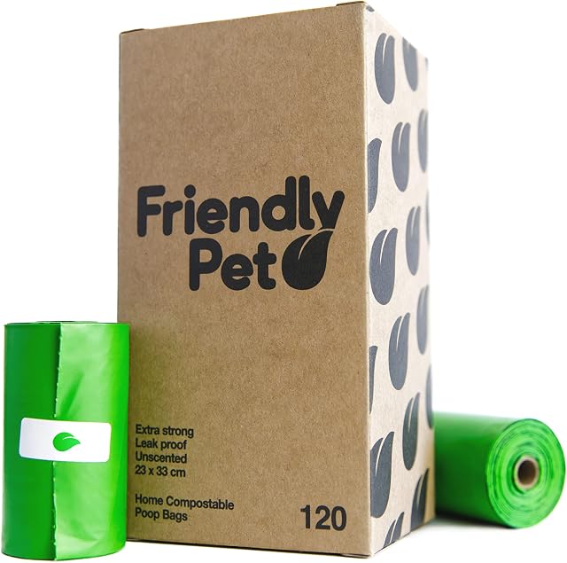 Friendly Pet Home Compostable Dog Poop Bags - Certified Home Compostable, 100% Biodegradable and Plastic Free, Unscented and Leak Proof 120 Poo Bags 8 Rolls