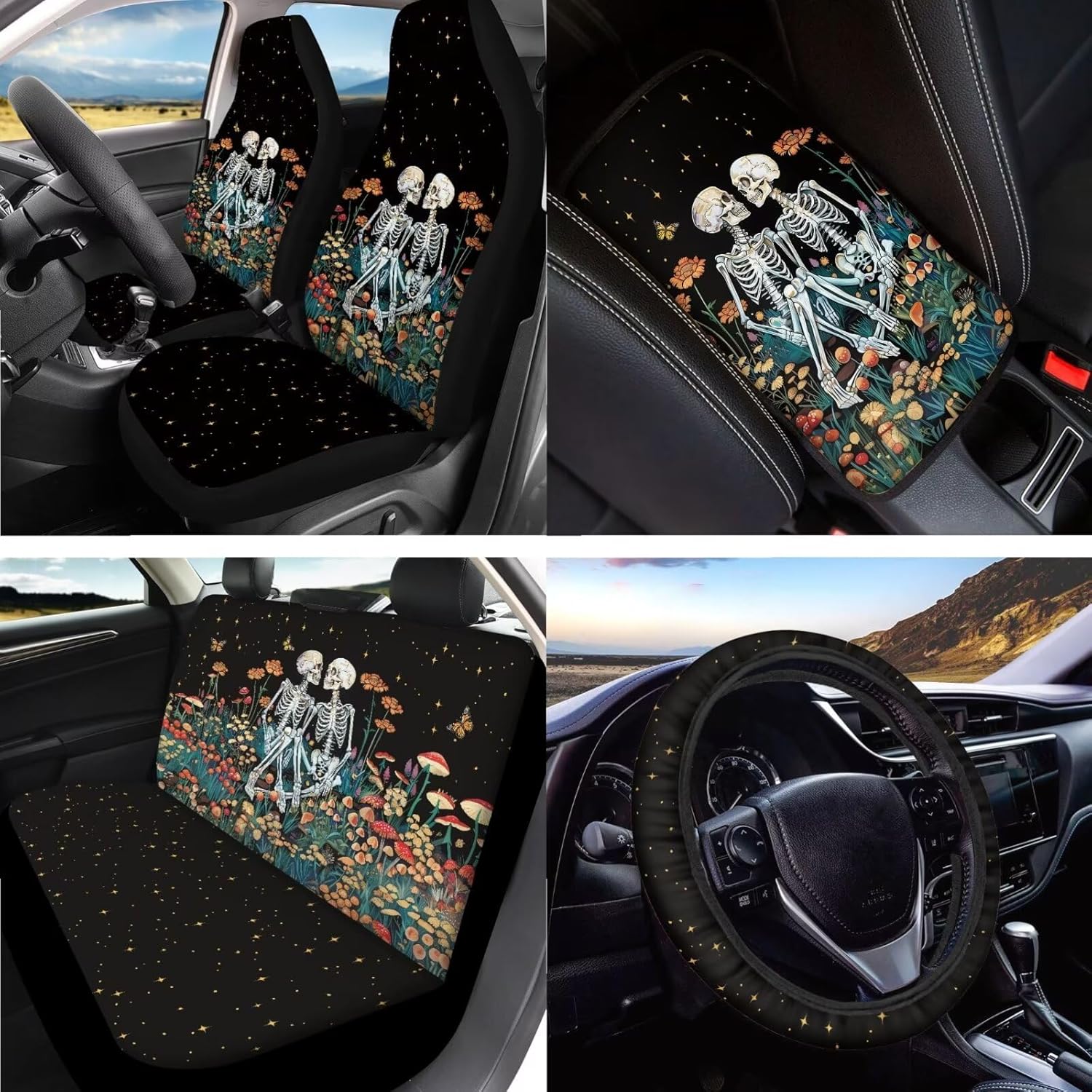 Skull Flower Print 15 Pcs Car Interior Cover Sets, Car Front Rear Seat Cover with Steering Wheel Cover Armrest Cover Seat Belt Cover Car Rear View Mirror Cover Headrest Cover Coaster Keychain
