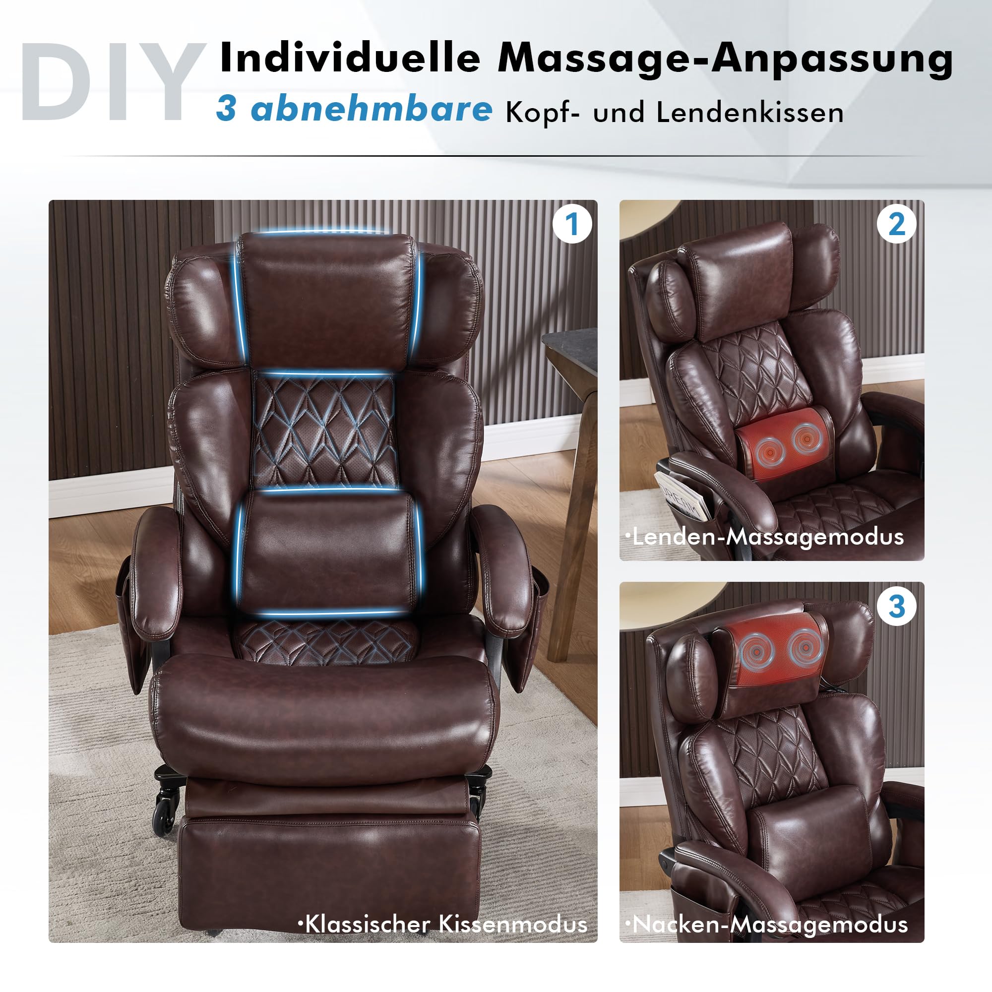 DEKKETO Bürostuhl Ergonomisch mit Fußstütze, Leder Chefsessel mit Massagefunktion, Verstellbare Kopfstütze und Lendenstütze, Rückenlehne, Drehstuhl mit Staufächern, Braun