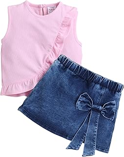 BRIGHT STARS KIDSWEAR Girls Top &amp; Skort Co-Ord Set, Ruffle Sleeveless Top with Denim Wrap Skort, Stylish Two Piece Outfit,...