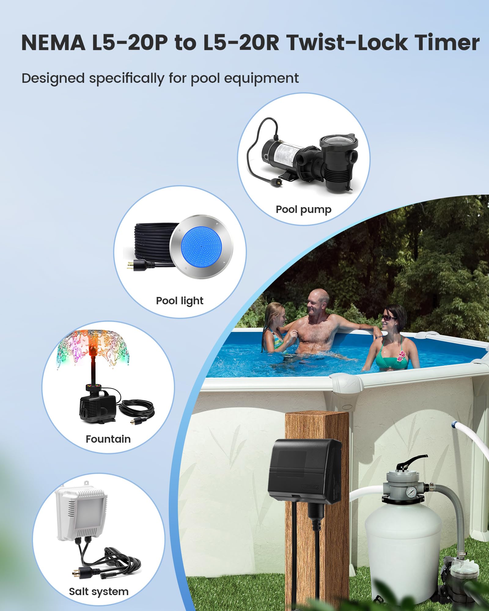 SURAIELEC Digitaler Pool-Timer für Aufstellpool, NEMA L5-20R Twist-Lock