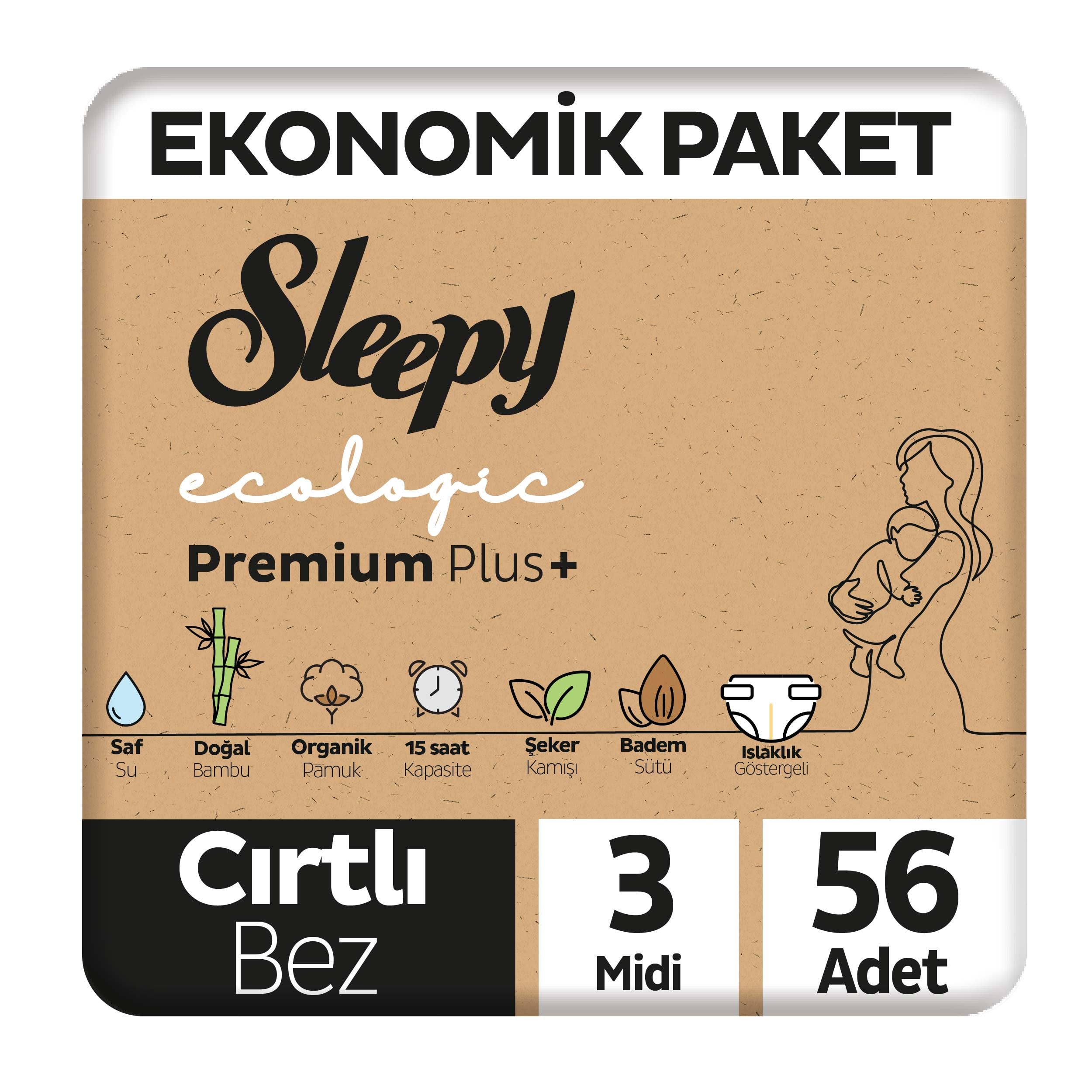 Sleepy Ecologic Ekonomik Paket Bebek Bezi 3 Numara Midi 56 Adet